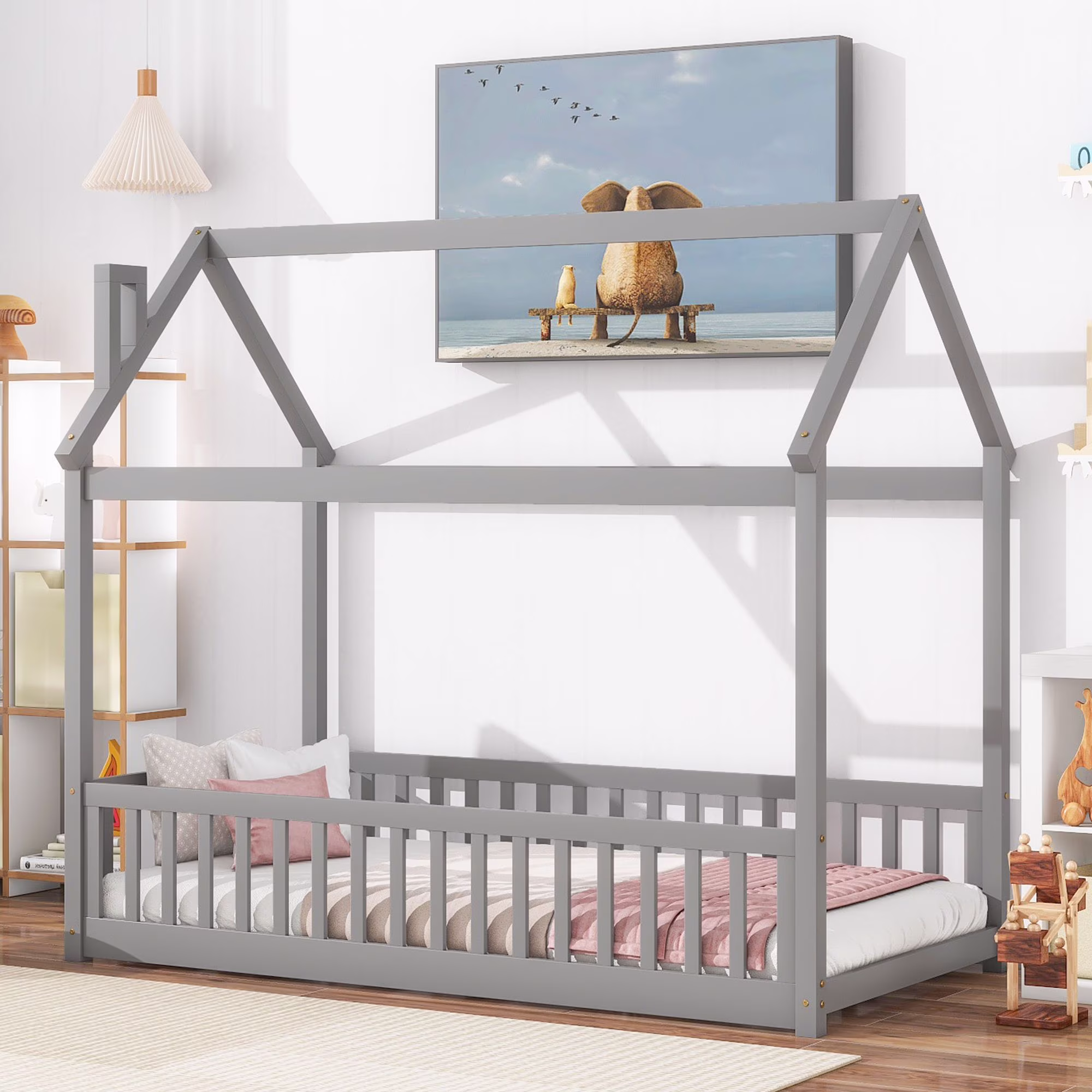 Twin Wood Platform Bed Mattress Foundation with Guardrails, Bed Frame Storage Bed w/ Wooden Slats for Boy Girl, No Box Spring Needed, Easy Assembly