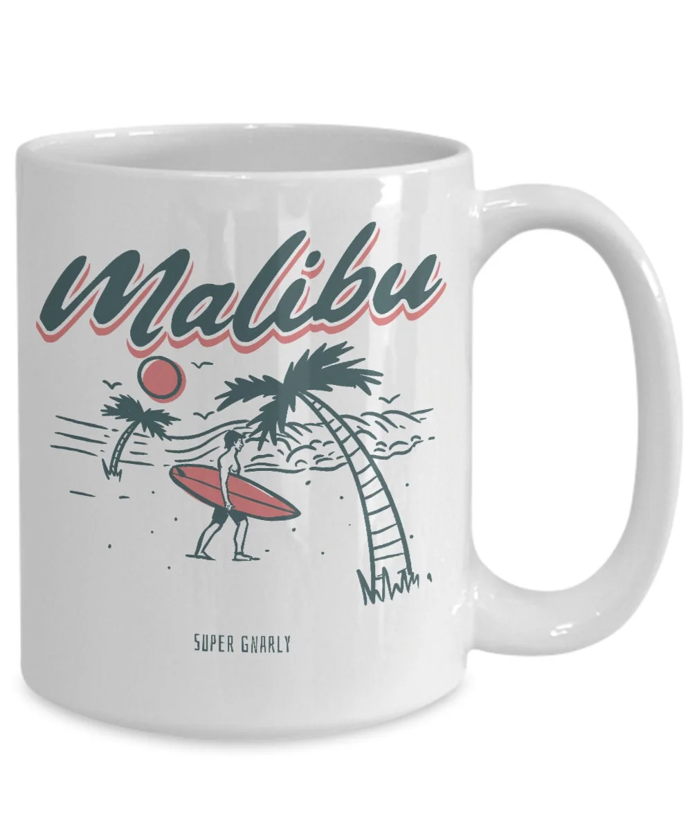 Vintage Surf Super Gnarly Malibu Beach Surfer White Gift coffee mug
