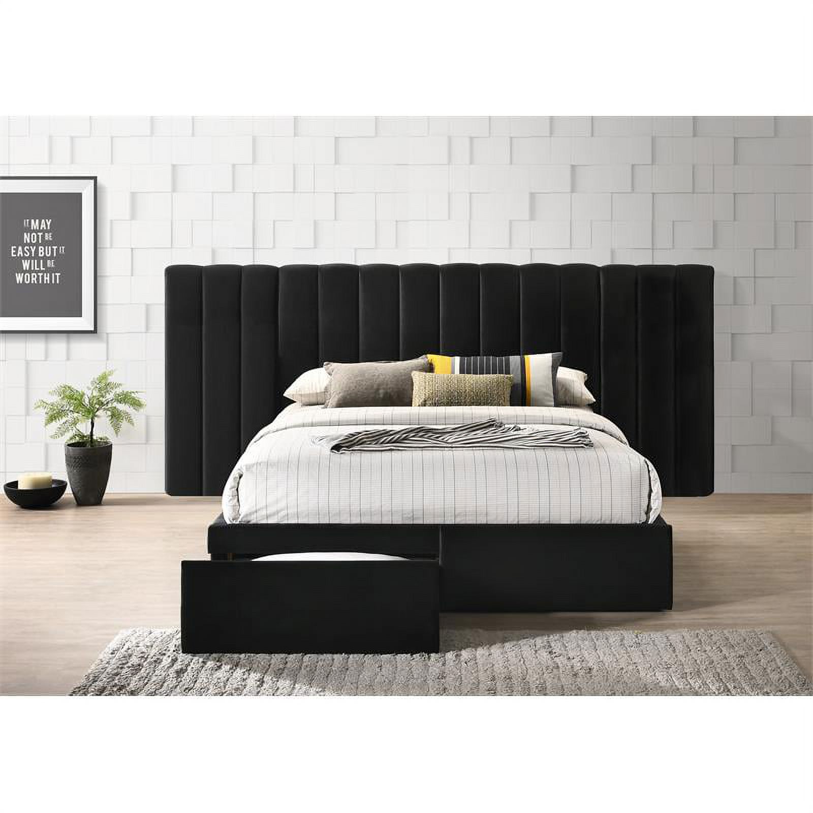 Uptown-Modern Solid Wood/Velvet King Headboard with Footboard in Black