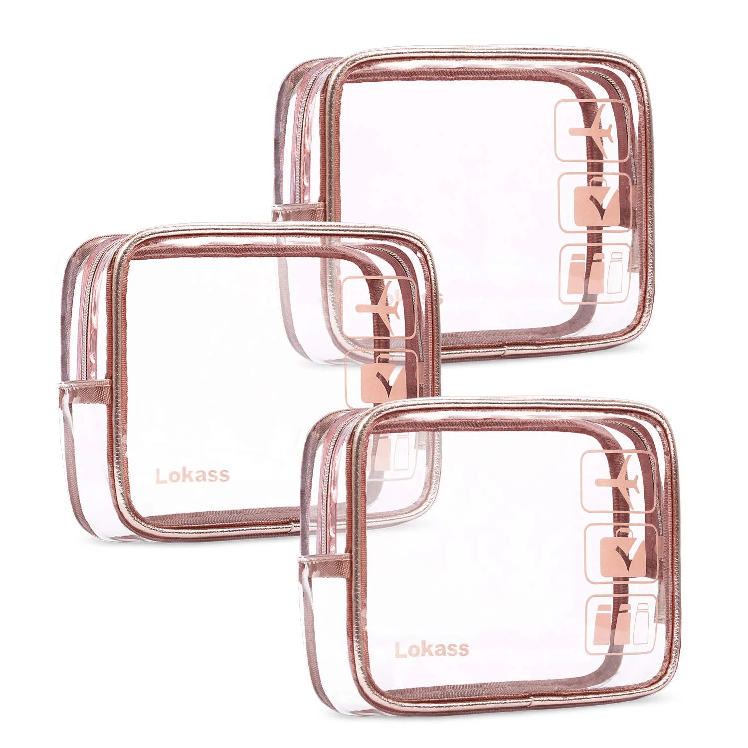 Toiletry Bag 3pcs Clear Travel Bag Set TSA Approved Transparent PVC Pouch Set for Women Girls, Quart Sized Bags with Zipper Rose Gold