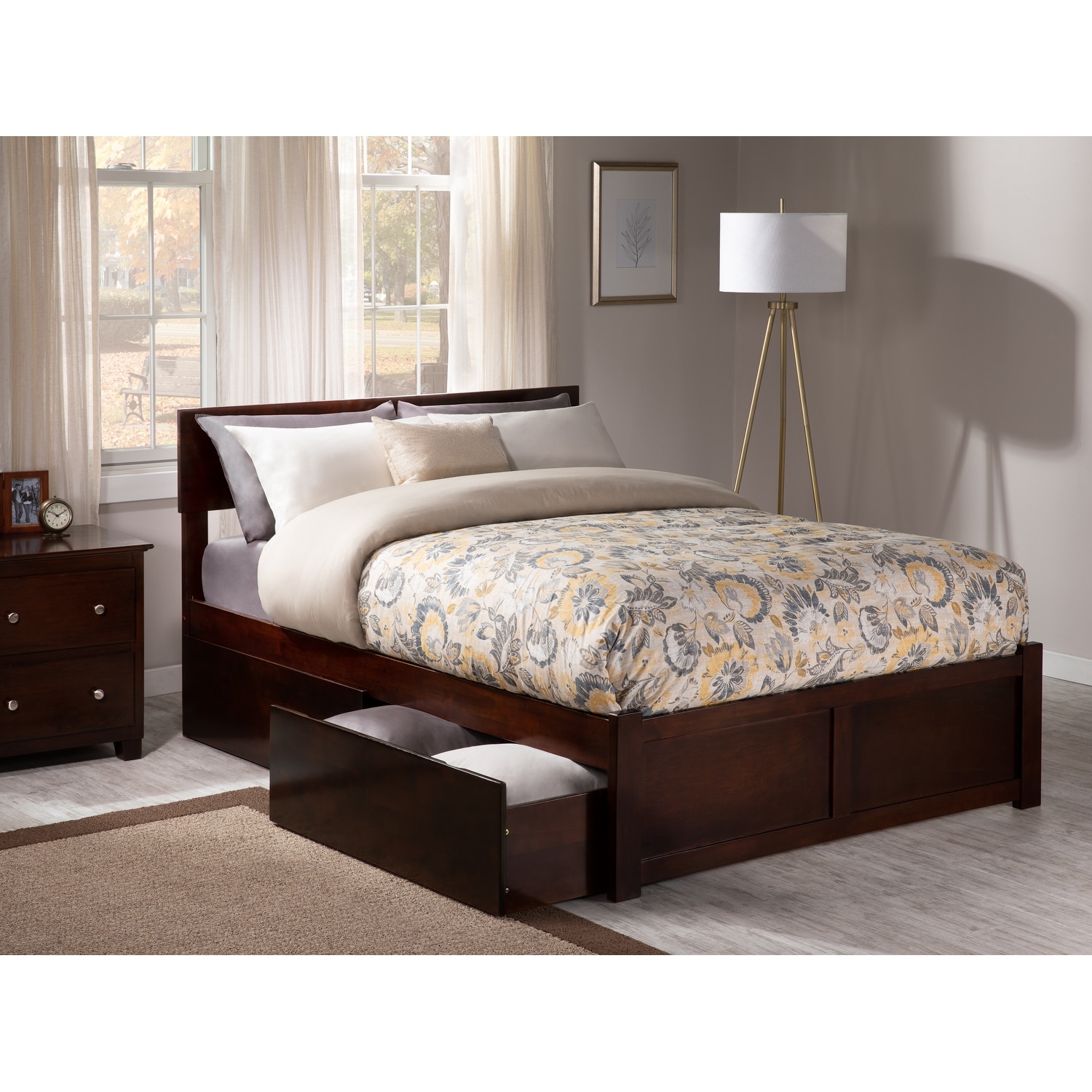 AFI Orlando Full Platform Bed with Footboard and 2 Bed Drawers in Walnut