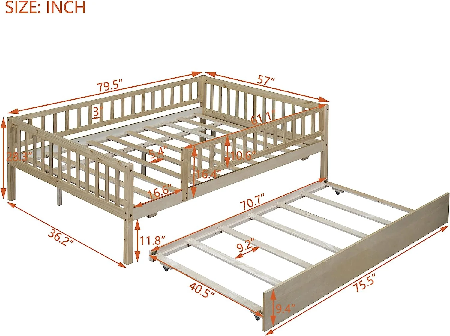 Full Size Daybed With Trundle, Wood Kids Full Platform Bed Frame With Rails, No Box Spring Needed, Easy Assembly (Full Size, Natural)
