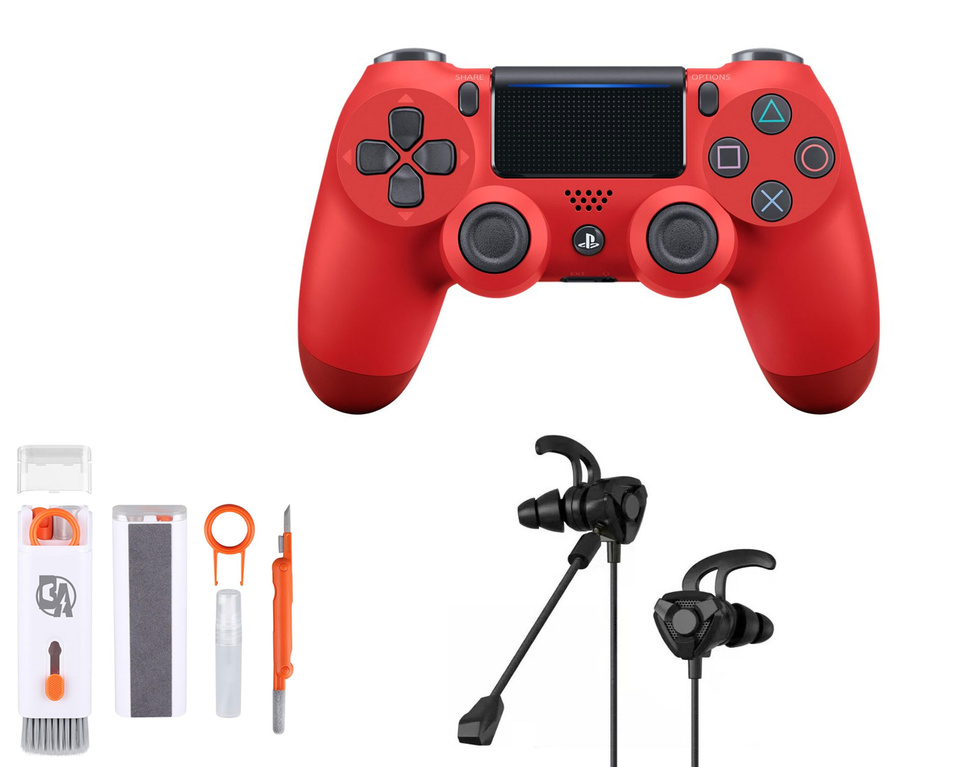 Sony Dual Shock Red Gaming Controller PS4 Console With Black Gaming Buds + Cleaning Kit BOLT AXTION Bundle Like New