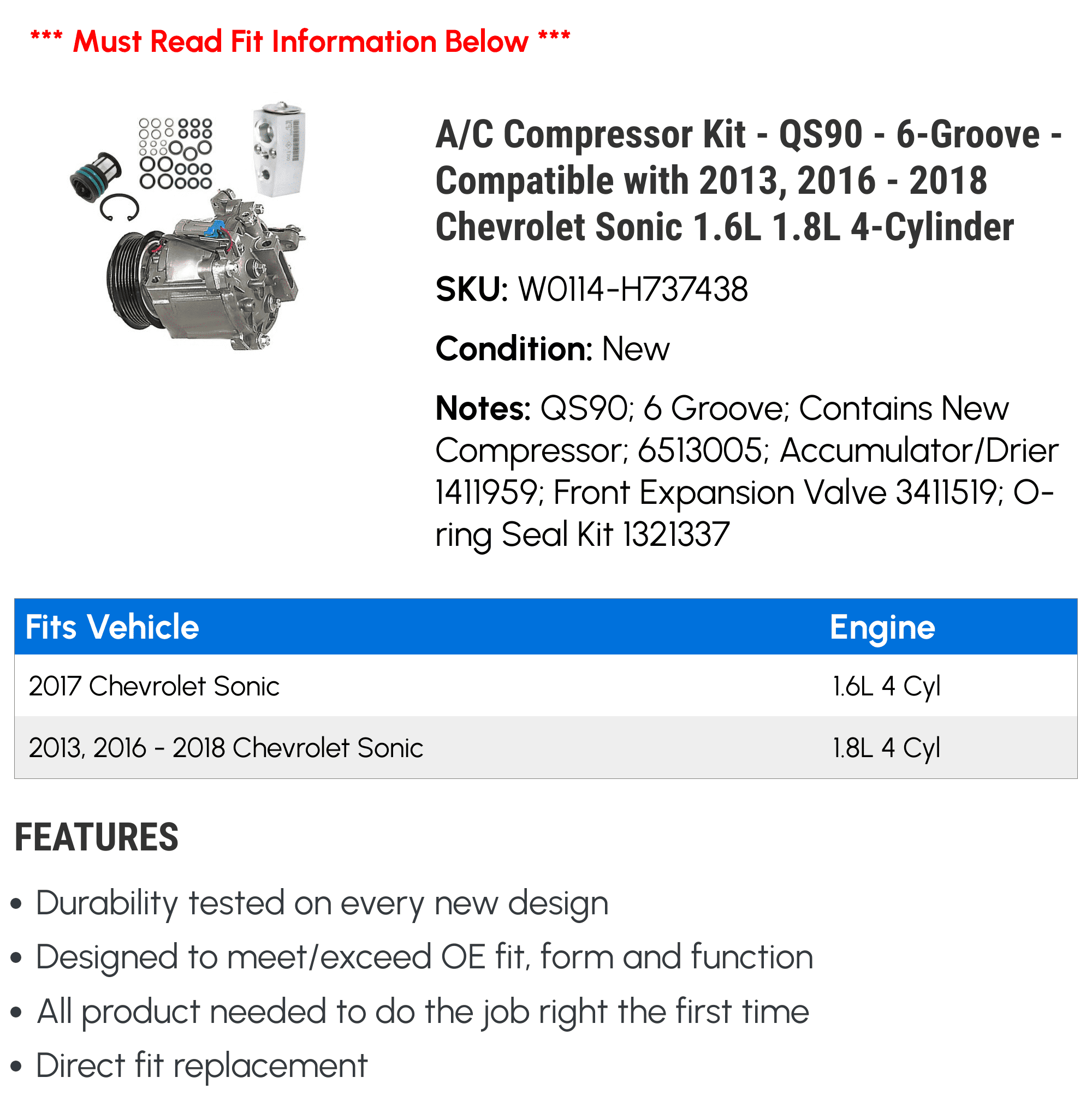 A/C Compressor Kit - QS90 - 6-Groove - Compatible with 2013, 2016 - 2018 Chevy Sonic 1.6L 1.8L 4-Cylinder 2017