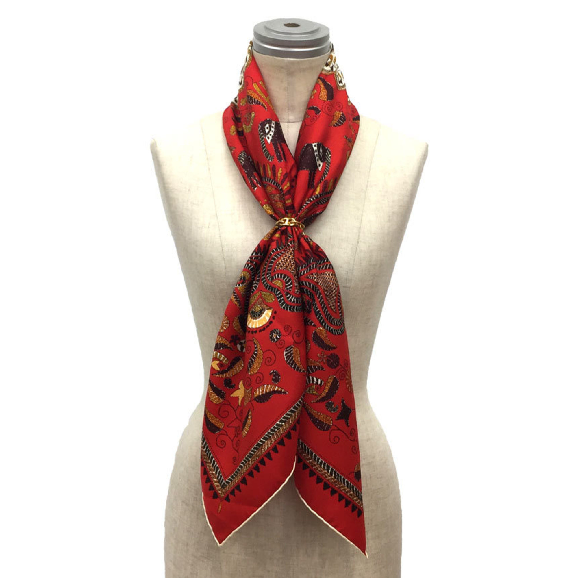 Pre-Owned HERMES Scarf Muffler CARRE 90 KANTHA 002404S 03 100% Silk ROUGE/NOIR/IVOIRE Red Hermes (Like New)