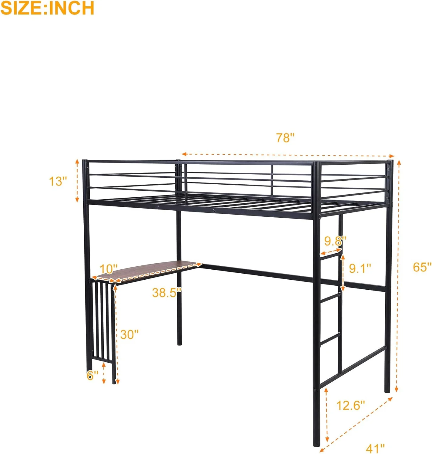 Metal Lfot Bed, Loft Bed With Ladder & Guardrails, Size Loft Bed Frame, No Box Spring Needed (Black, Loft)