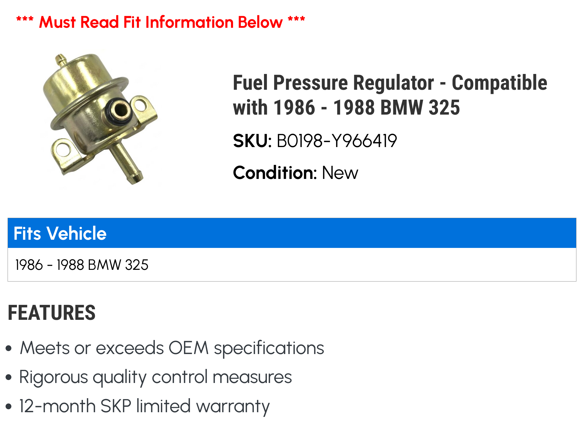 Fuel Pressure Regulator - Compatible with 1986 - 1988 BMW 325 1987