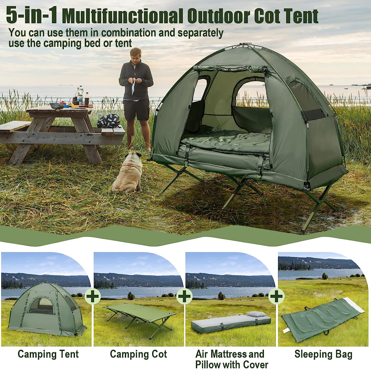 Camping Tent Cot, 5-in-1 Folding Camping Bed with Awning, Air Mattress, Sleeping Bag, Bedspread, Off Ground Elevated 1 Person Cot Tent with Carrying Bag, Air Pump for Camping Picnic Outdoor