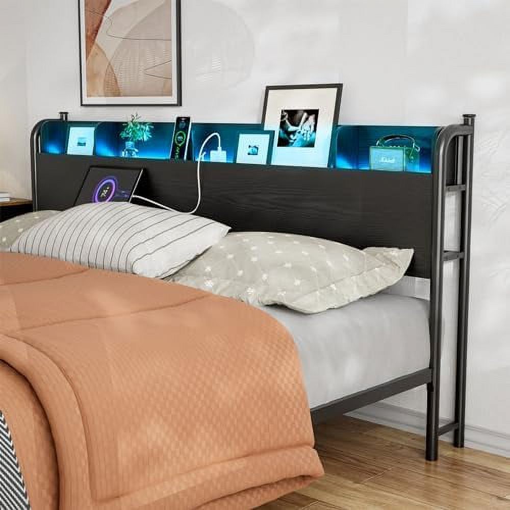 California King Size LED  Headboard  Metal Cal King Headboard Only with Charging Station & LED Lights  Height Adjustable  Industrial Farmhouse Style  Attach Frame - Rustic Brown