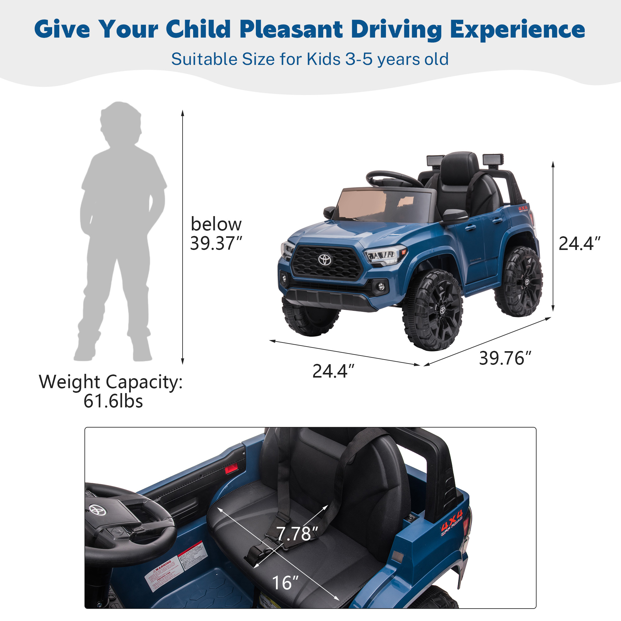 Ride On Kids Truck Car, Segmart Licensed Toyota Tacoma 12 Volt Electric 4 Tries Vehicle with Remote Control, 2 Speeds, 2 LED Headlights, Brakes and Gas Pedal, AUX, Blue, SS2630