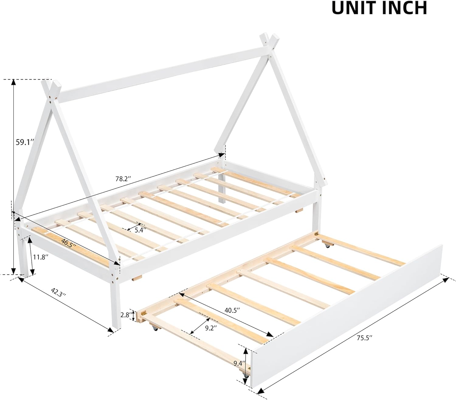 Size Tet Bed For Kids, Teepee Bed Frame With Trudle,Wood Motessori Bed For Girls Boys Bedroom Furiture, White
