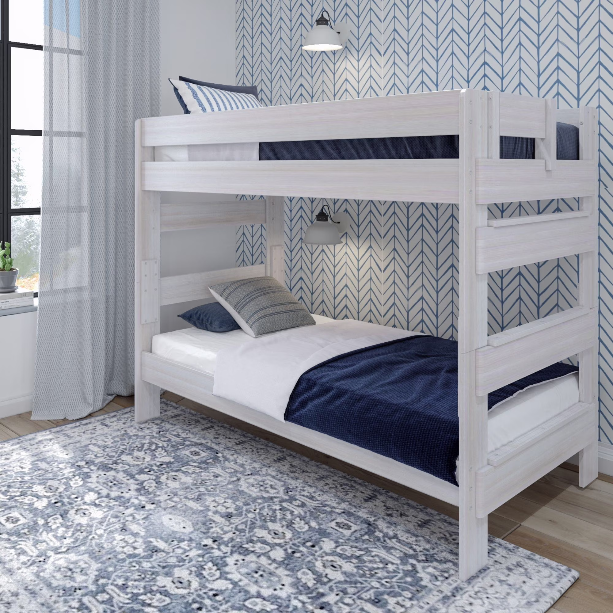 Plank+Beam Farmhouse Twin over Twin Bunk Bed for Adult Solid Wood, White Wash