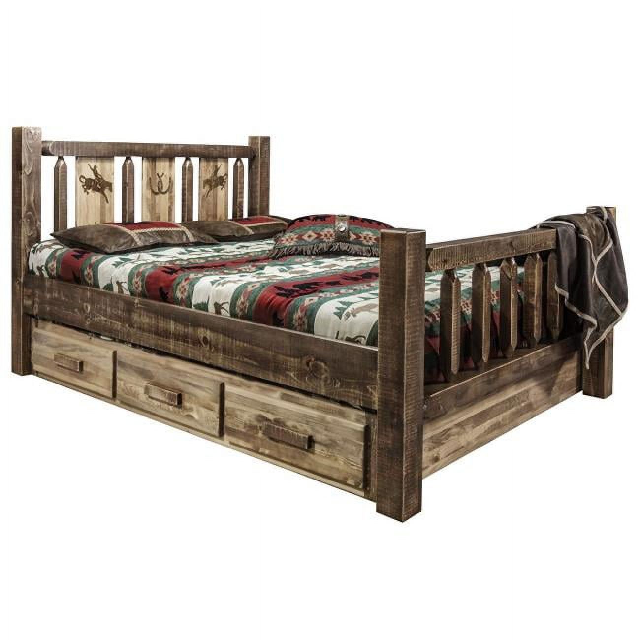 Homestead Storage Bed with Laser Engraved Bronc Design, Stain & Clear Lacquer - Full Size