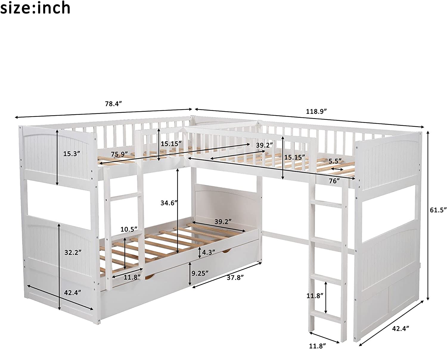 Triple Bed, L Shaped -Over- Buk Bed Attached A Loft Bed,Wood Buk Beds With 2 Drawers Ad 2 Ladders, 3 Bed Buk Beds For Kids,Tees,White
