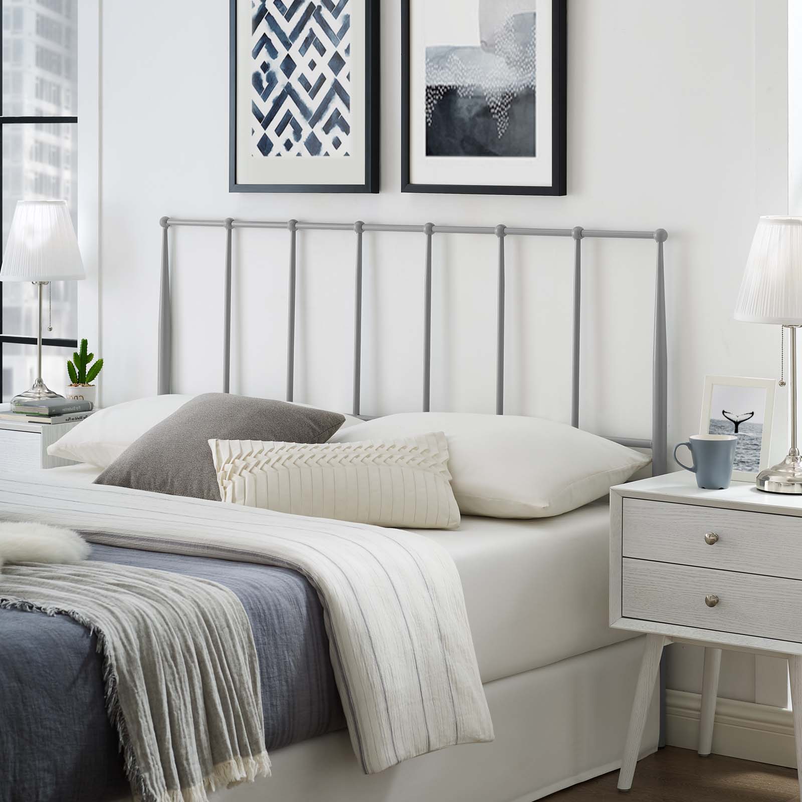 Contemporary Modern Urban Designer Bedroom King Size Headbaord, Stainless Steel Metal, Grey Gray