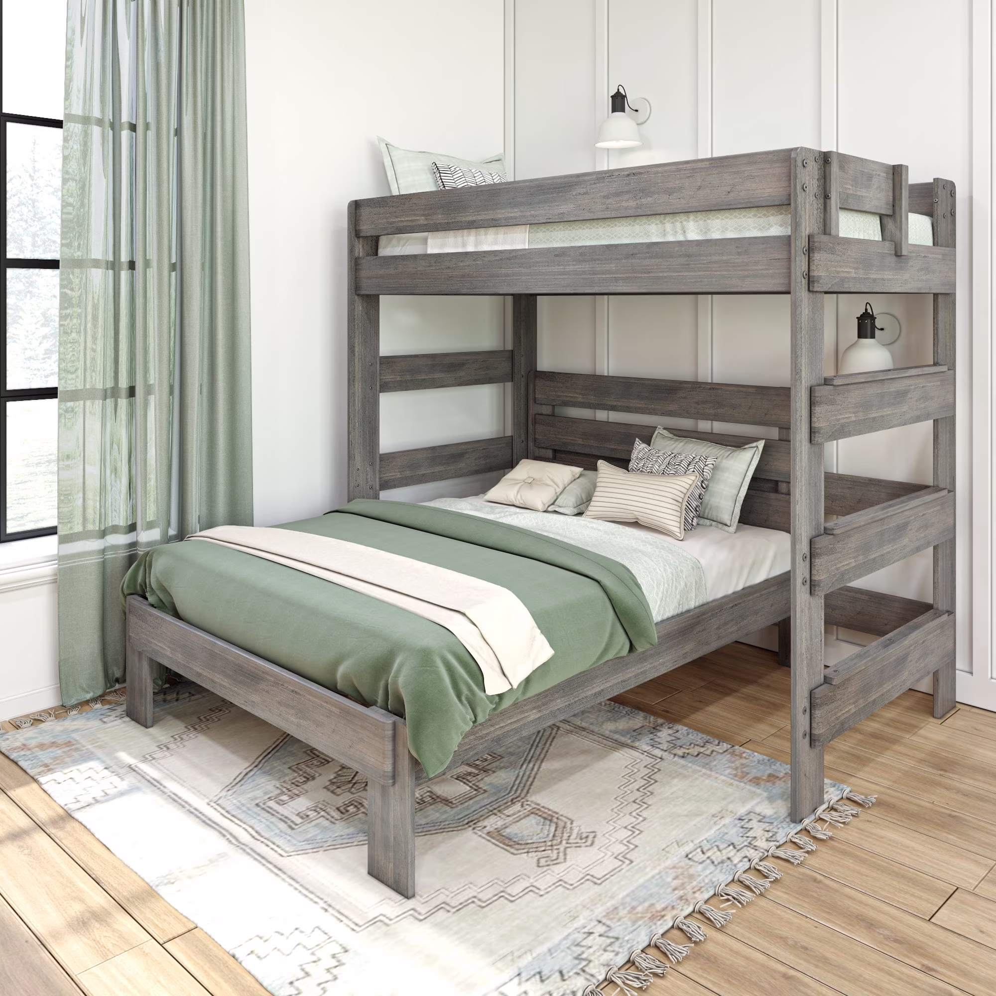 Max & Lily Solid Wood Loft Bed, Modern Farmhouse L-Shaped Twin over Full Bed Frame for Kids, Driftwood