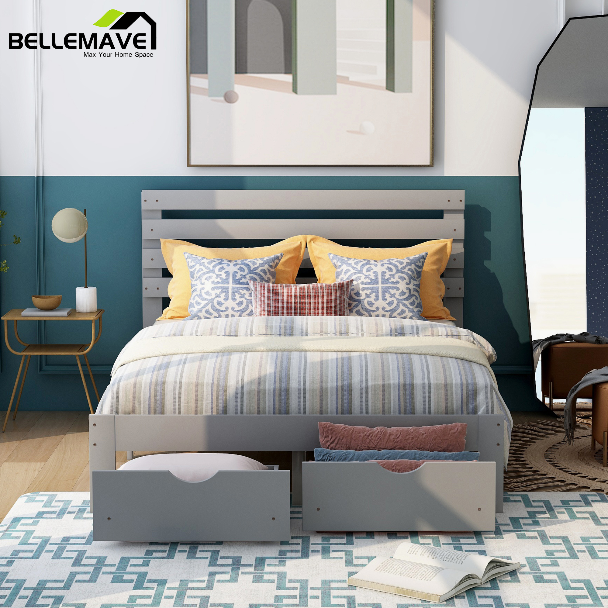 Bellemave Gray Full Size Platform Bed with 2 Drawers for Bedroom Living Room, Full Size Wood Storage Platform Bed for Bedroom for Kids Child Teen Adult