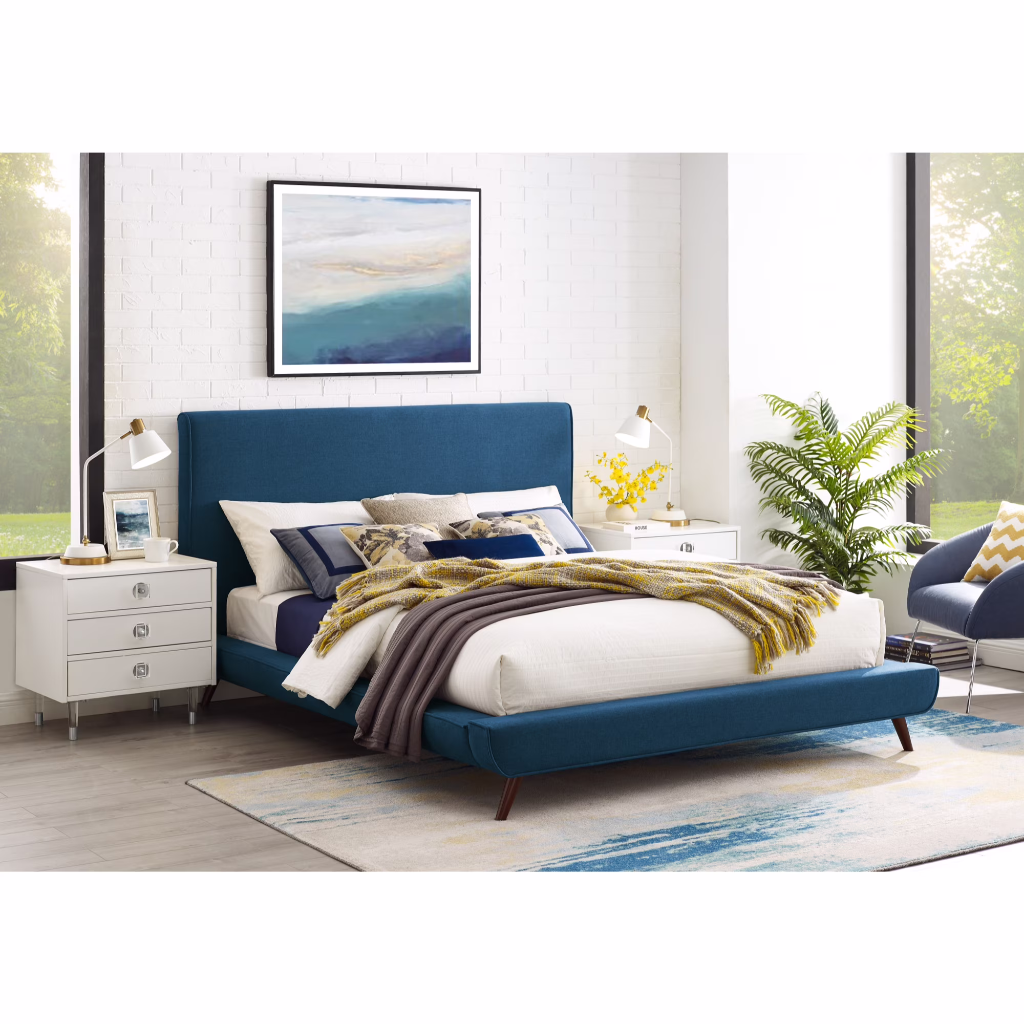 Loft Lyfe Jessie Platform Bed Linen Upholstery Queen Size, Denim