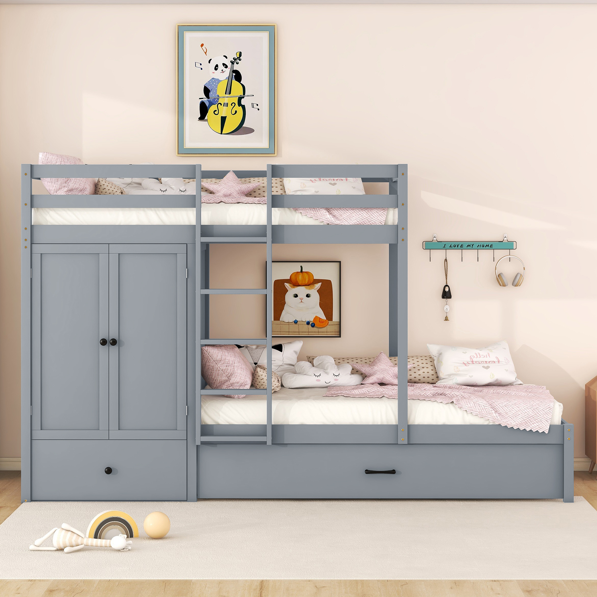 Twin Over Twin Bunk Bed with Wardrobe and Trundle, Wood Bed Frame with Storage Drawers and Shelves for Kids Child