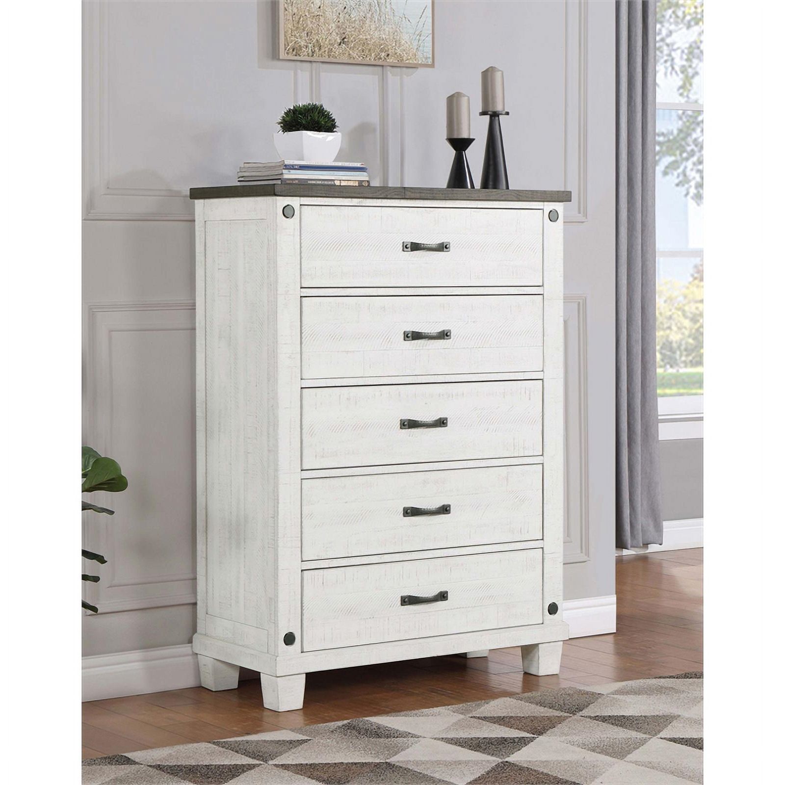 Pemberly Row 5 Drawer Wood Chest Distressed Distressed Gray and White