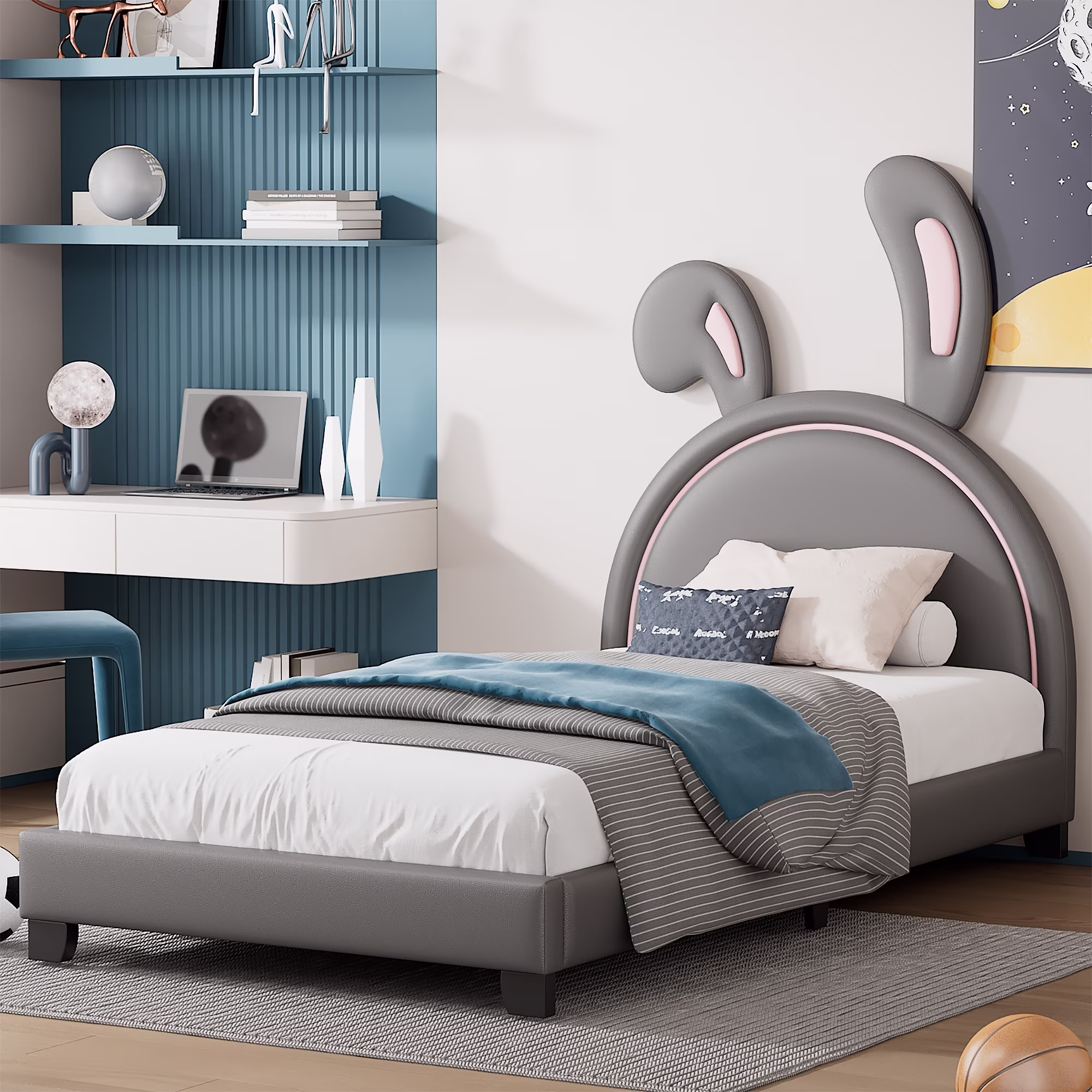 uhomepro Gray Upholstered Twin Bed Frame for Kids, Modern PU Leather Platform Bed Frame with Rabbit Ornament Headboard, Bedroom Furniture No Box Spring Needed