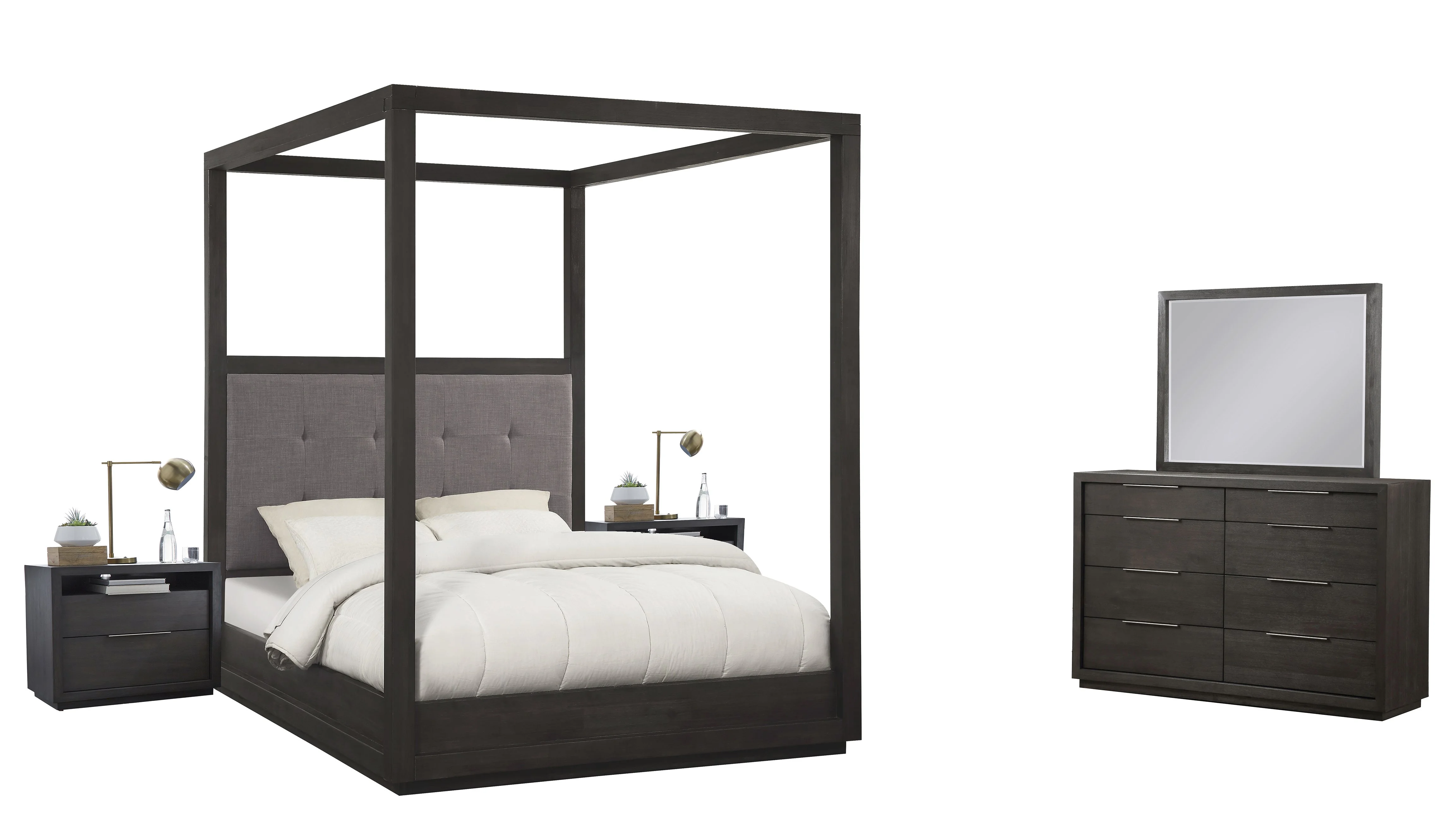 Outbound 5PC E King Canopy Bed, 2 Nightstand, Dresser & Mirror Set in Weathered Grey