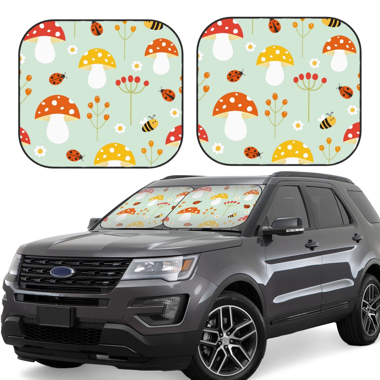 Lukts Mushroom Bee Print 2 Piece Car Sun Shade Windshield,Foldable Car Shade Front Windshield With Keeps Your Vehicle Cool, For Most Sedans Suv And Trucks - Small