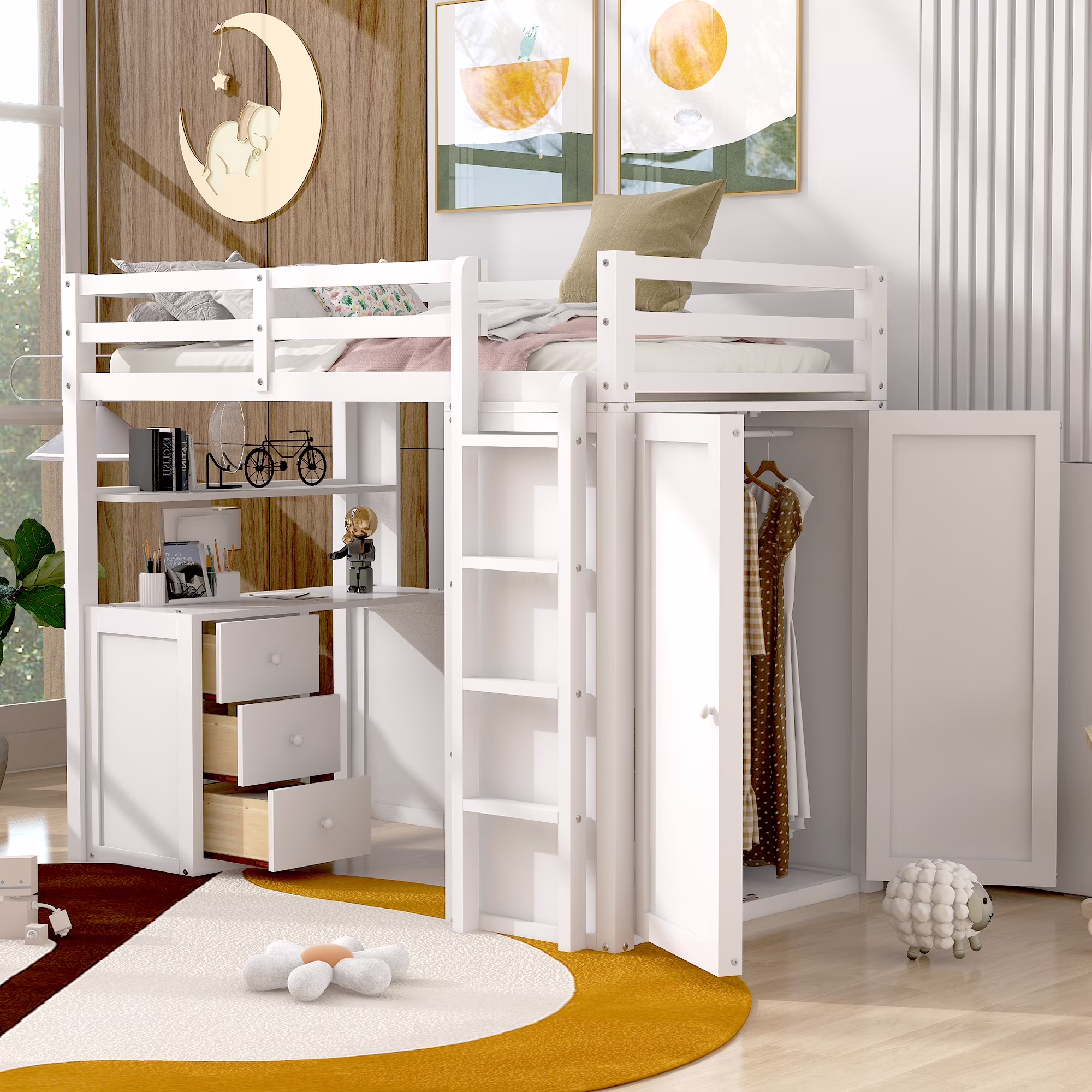 TOPCHANCES Twin Size Loft Bed with Desk, Wardrobe and Drawers for Kids Room, Safety Guardrails, Sapce-Saving Shelf, White