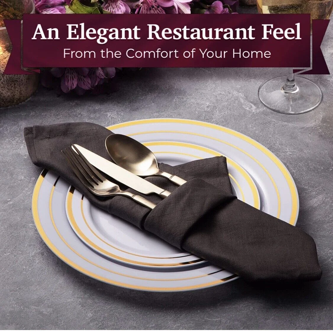 Prime Disposable Gold Trim Plastic Party Plates 9'' and 6'' Heavy Duty Plates