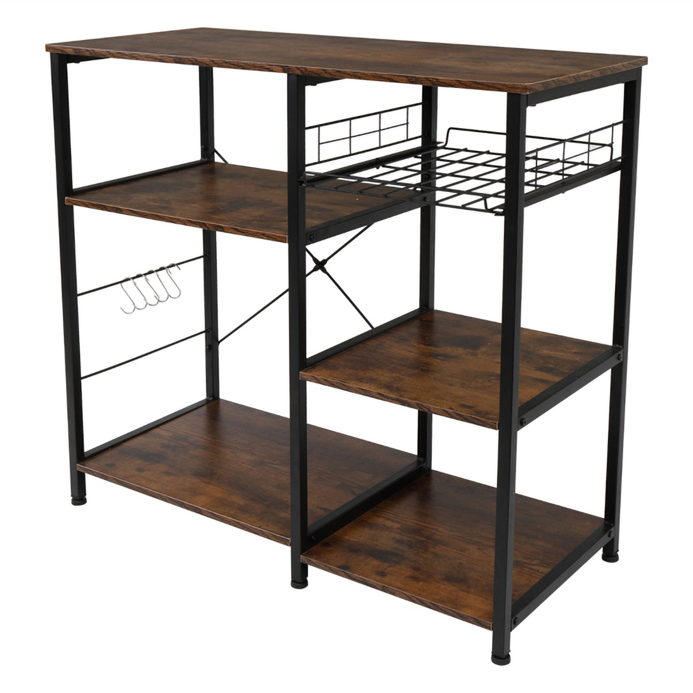 RUseeN Bakers Rack, Microwave Stand, Coffee Bar with Wire Basket, Kitchen Storage Rack, Kitchen Shelves for Spices, Pots and Pans - Rustic Brown