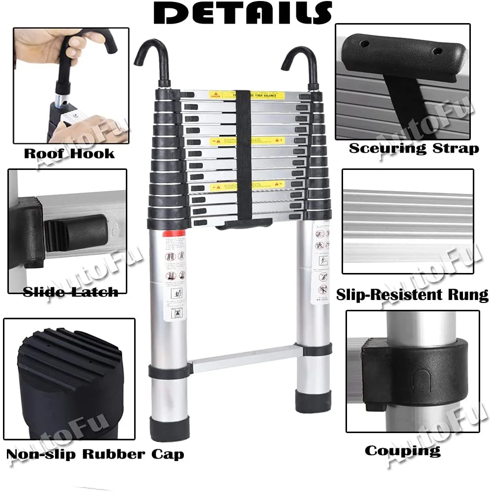 Bowoshen 16.5Ft Aluminum Telescoping Ladder,2 Detachable Hooks Multi-Use Retractable Foldable Extension Step Attic Ladder,330lbs Load Capacity