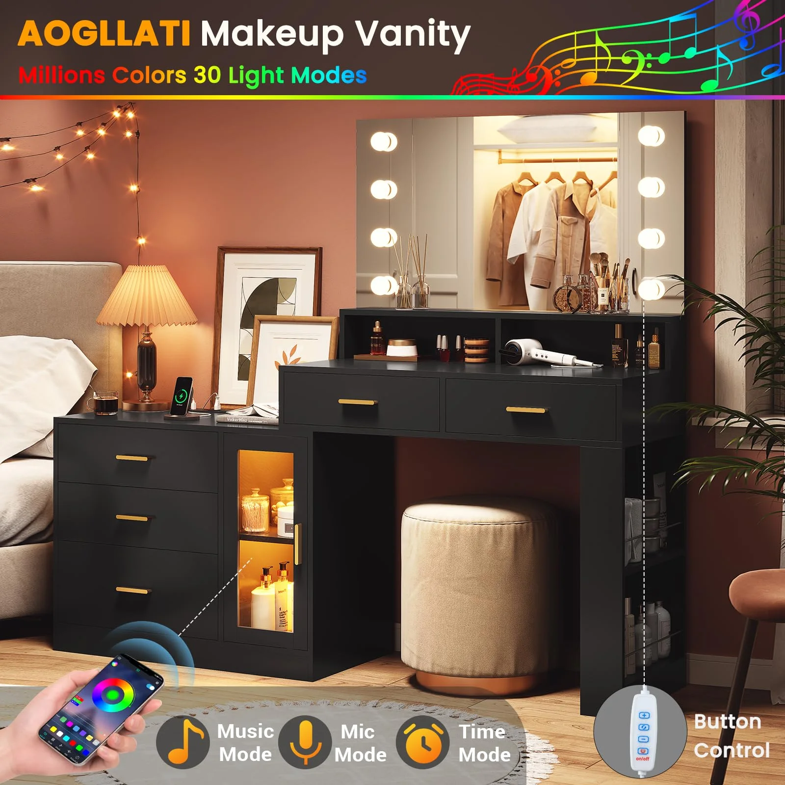 Vanity Table with Charging Station, Makeup Dressing Desk with 3 Drawers LED Dresser, Black