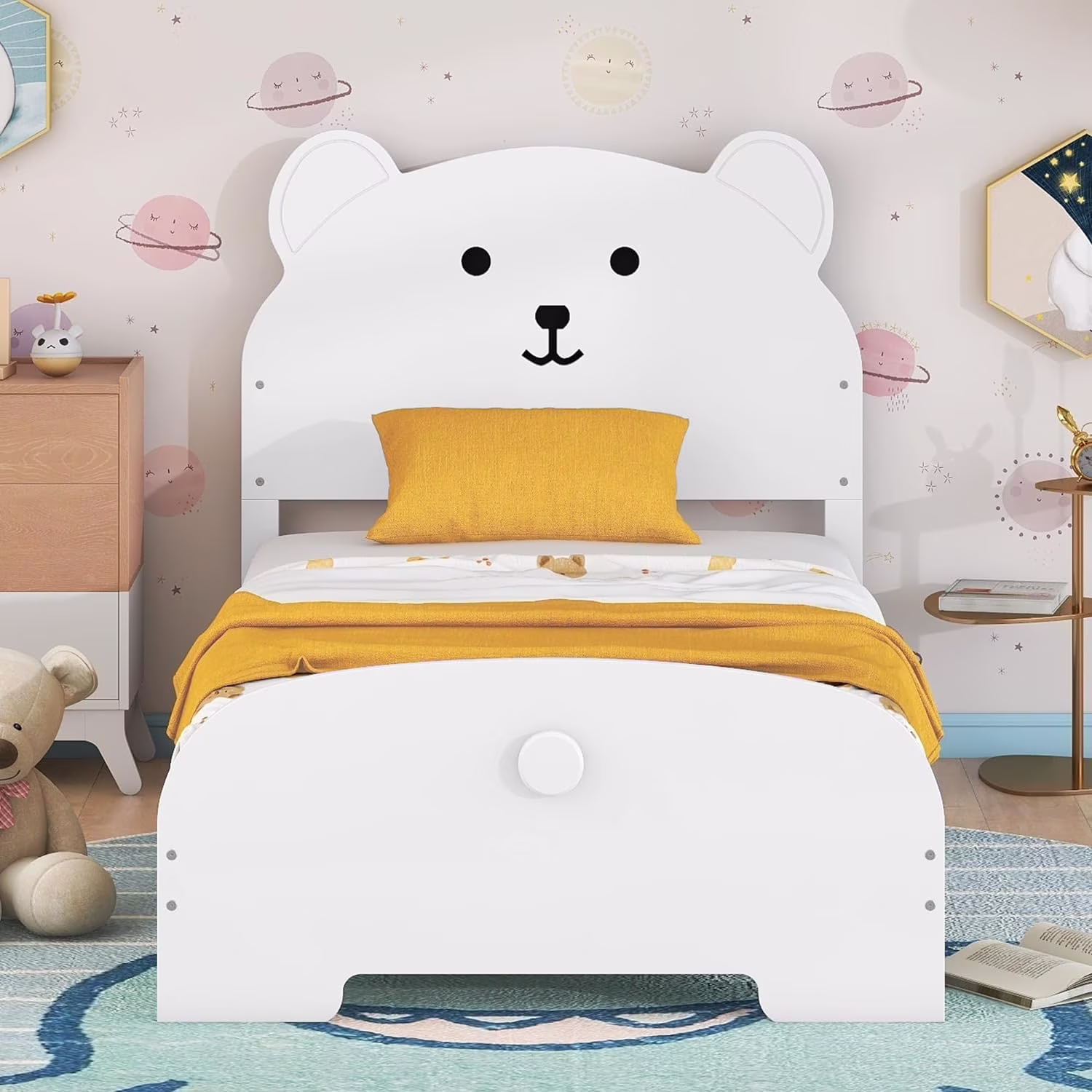 Size Kids Bed, Wood Platform Bed With Bear-Shaped Headboard And Footboard For Kids, Teens, Boys & Girls,No Box Spring Needed(White)