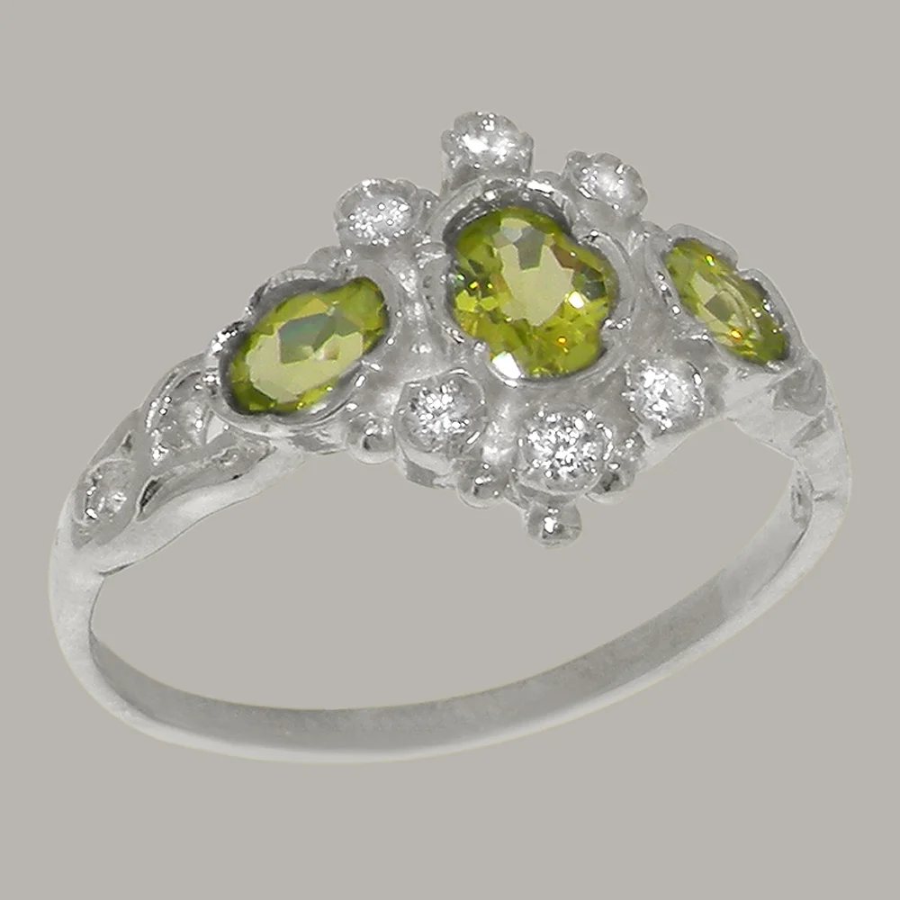 LBG English Made 18k White Gold Natural Peridot & Cubic Zirconia Womens Anniversary Ring - Size 10
