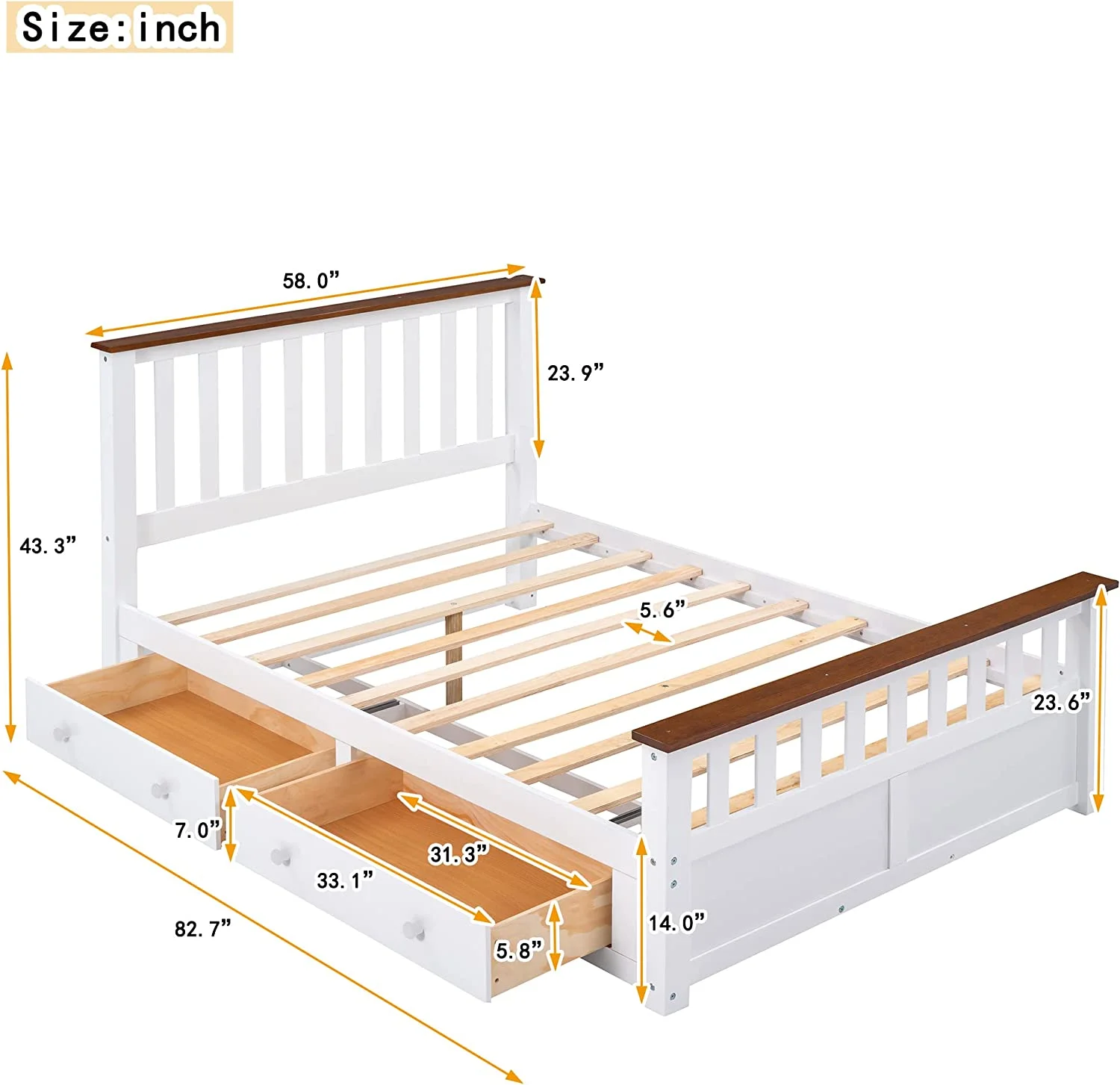 Full Size Platform Bed With Two Storage Drawers, Wooden Storage Platform Bed With Headboard And Footboard, Drawers Can Be Placed Under Either Side, No Spring Box Needed, White+Walnut