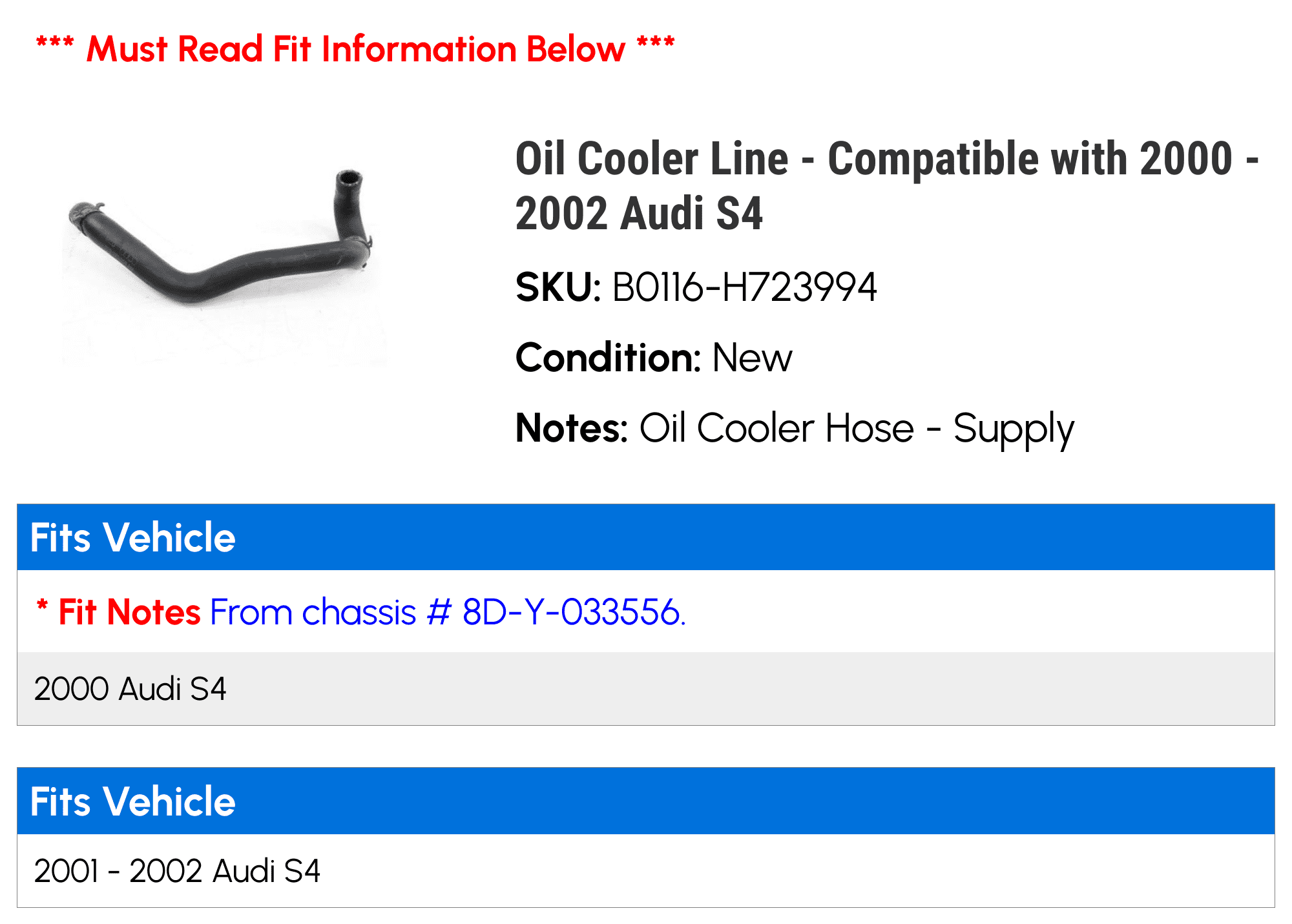 Oil Cooler Line - Compatible with 2000 - 2002 Audi S4 2001