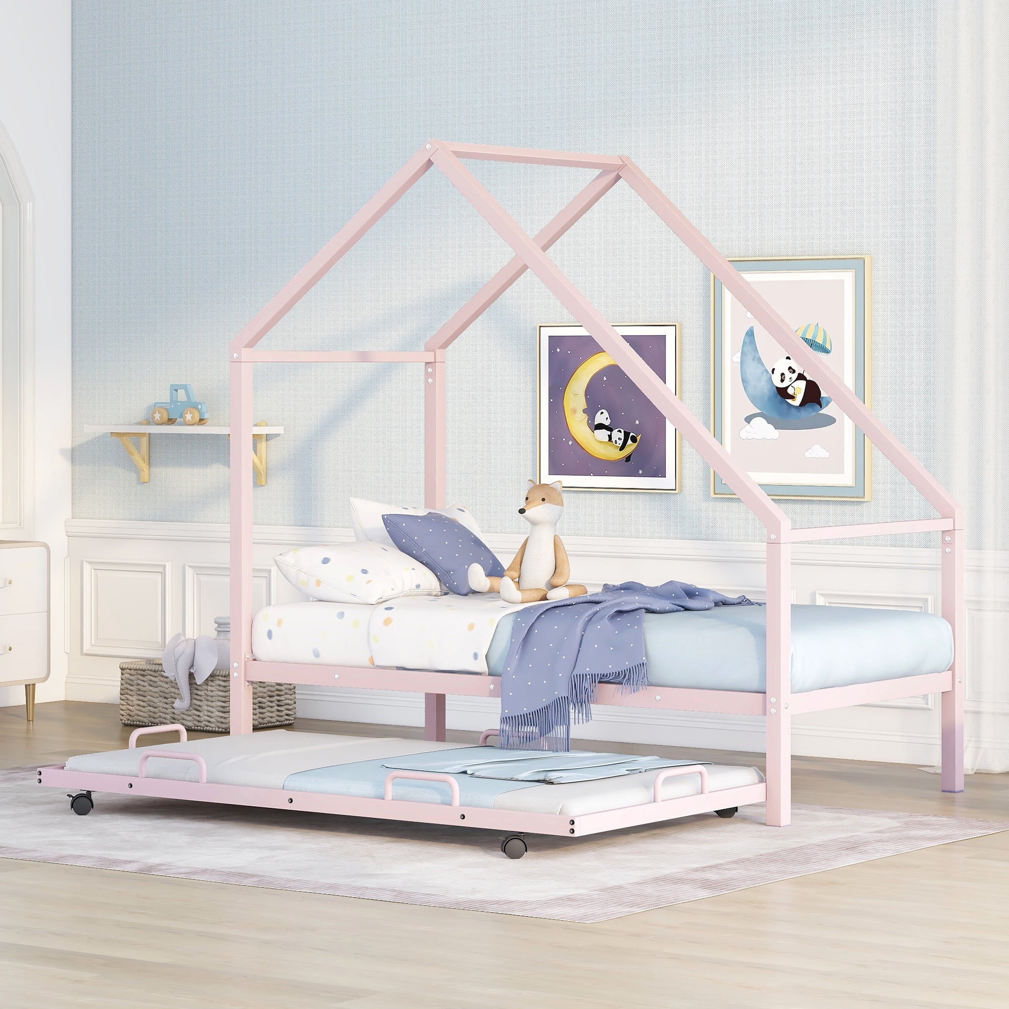 paproos Twin House Bed with Trundle, Pink Metal House Bed Frame for Kids Boys Girls Teens, Heavy Duty Twin Size House Bed with Trundle Included, No Box Spring Needed
