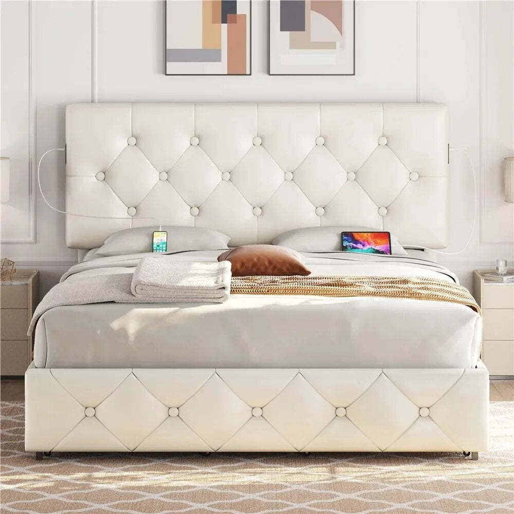 Faux Leather Upholstered Bed With 4 Storage Drawers and USB Ports Beige Cabin Bed Base & Frame Queen Bedroom Beds & Furniture