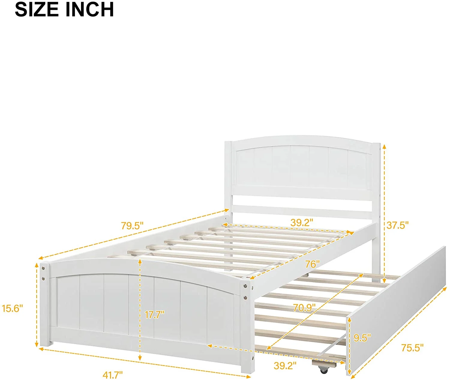 Size Platform Bed With Trundle, Solid Wood Bed Frame With Headboard, Pull Out Trundle Bed With Slat Supports For Teens, Adults, No Box Spring Needed (White)