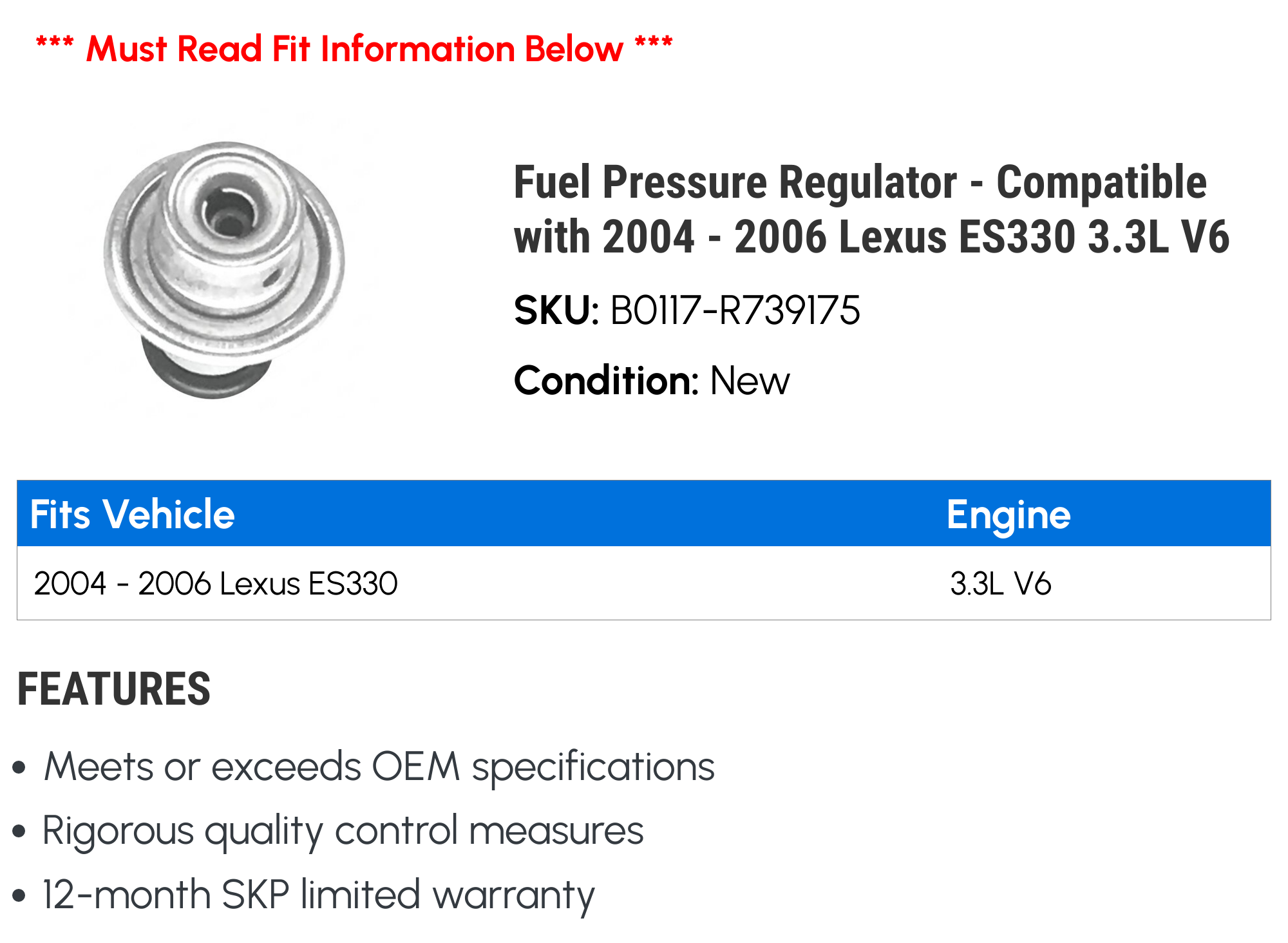 Fuel Pressure Regulator - Compatible with 2004 - 2006 ES330 3.3L V6 2005