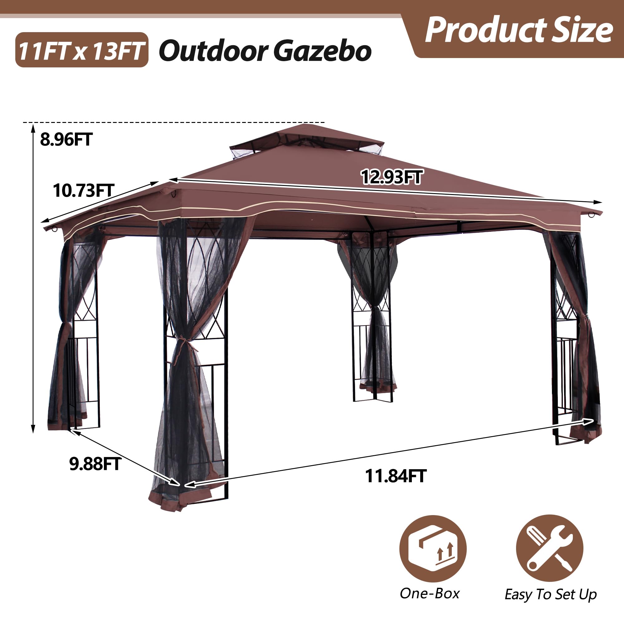COVERONICS 10' x 12' Patio Gazebo Outdoor, Double Roof Outdoor Gazebo with Netting, Metal Frame Gazebo Waterptoof for Deck Backyard Lawn,Garden(Brown)