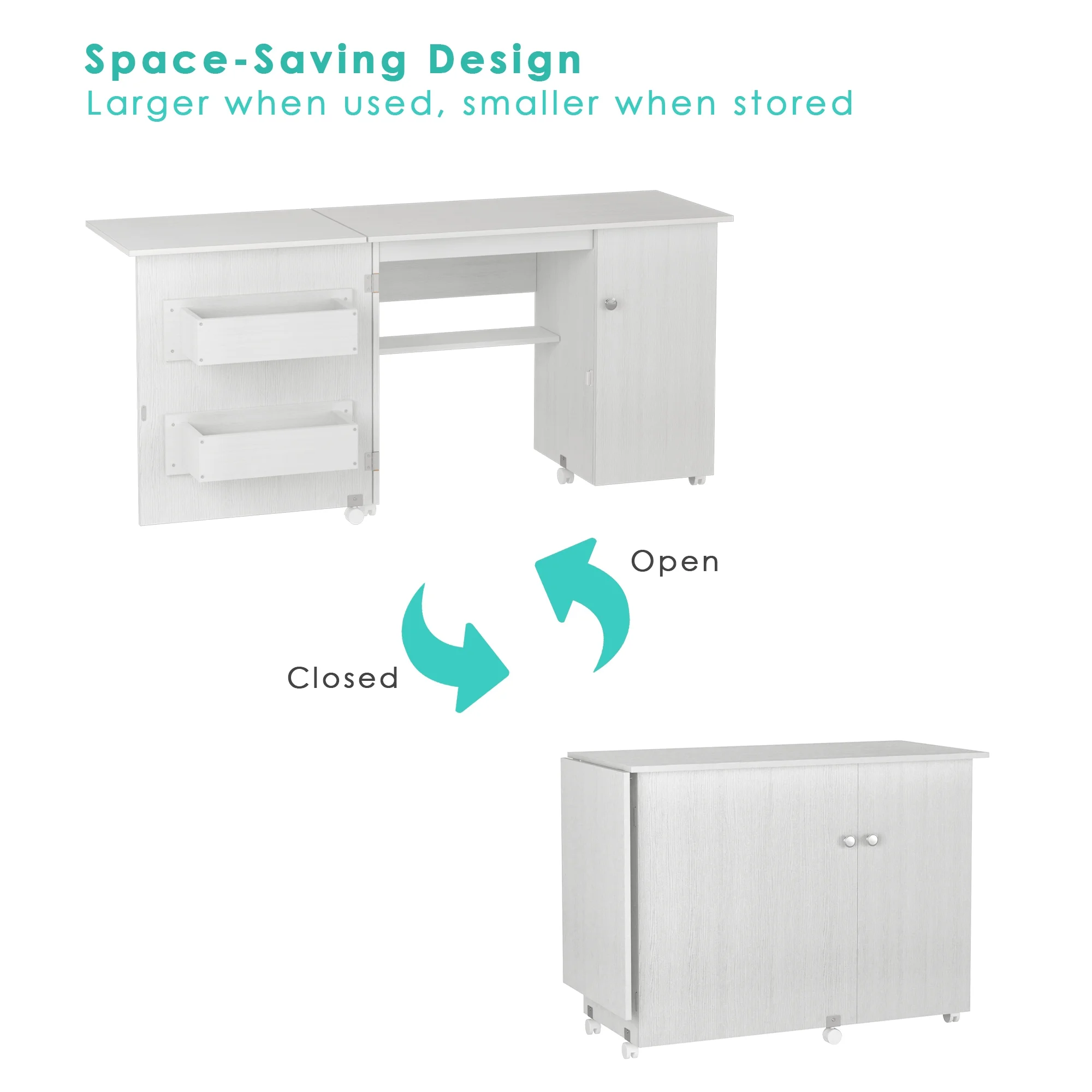 Homfa Folding Sewing Machine Table with Cabinet, 63 Inch Multipurpose Large Sewing Craft Cart with Storage Shelves, Sewing Desk with Lockable Casters, Sturdy and Durable, White
