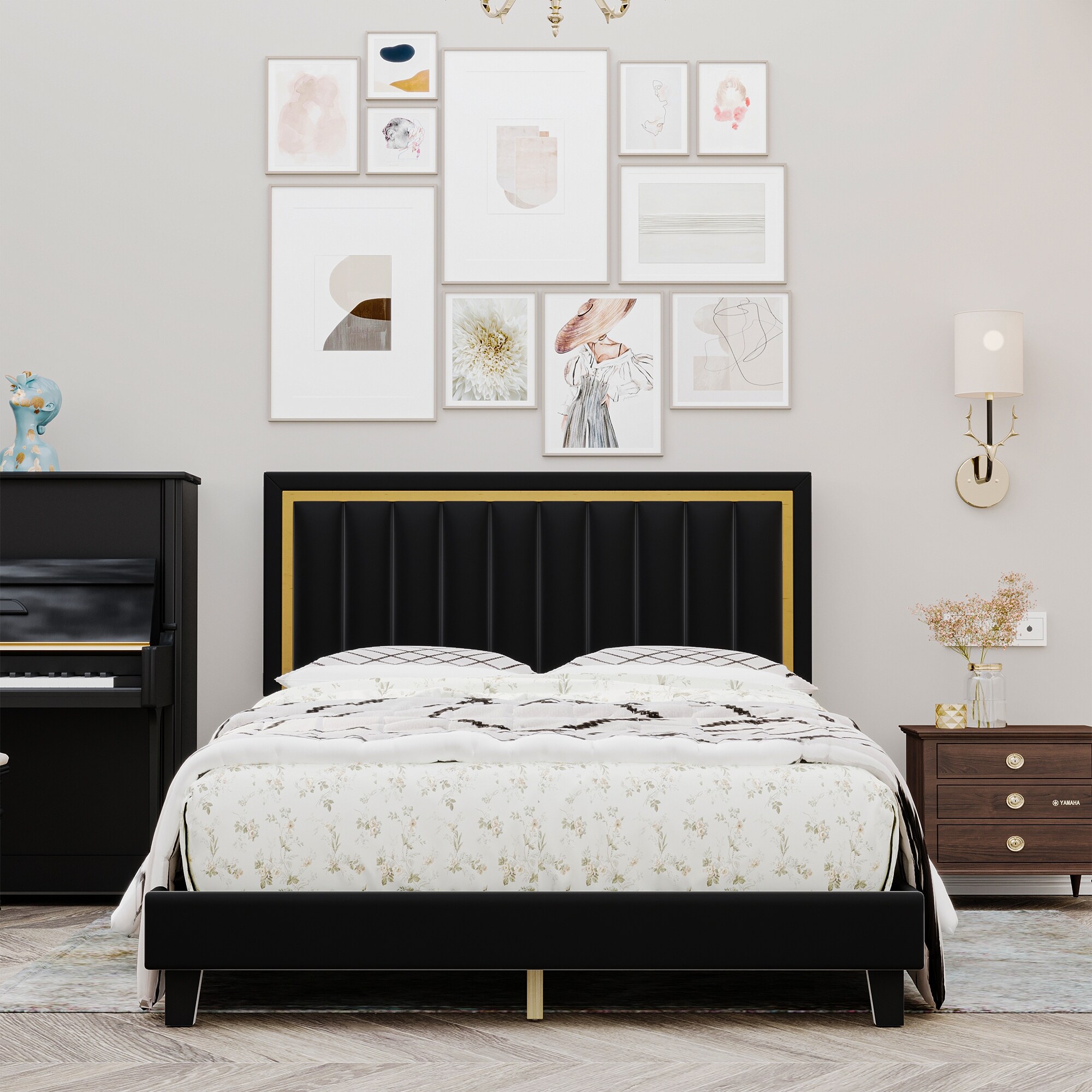 Velvet Upholstered Platform Bed Black - Queen