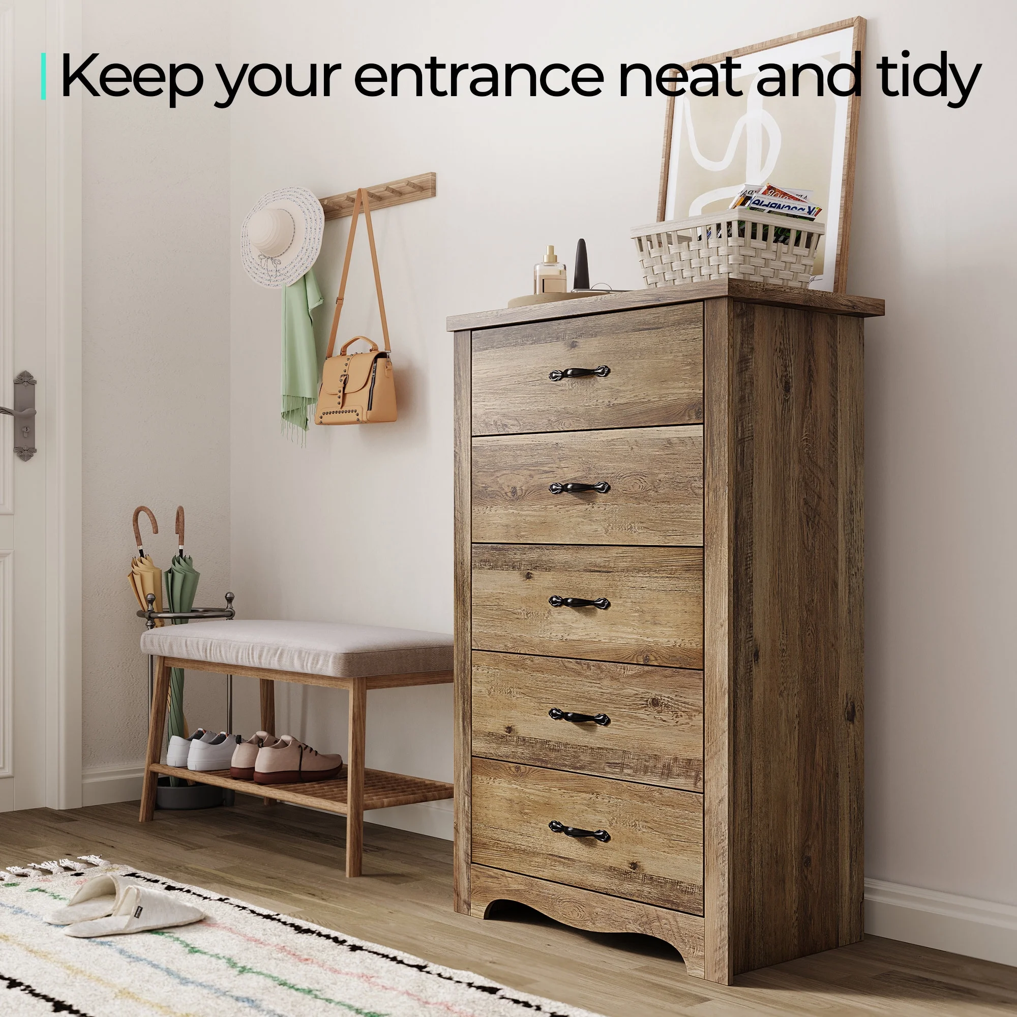 LINSY HOME Brown Dressers,Chest of 5 Drawers