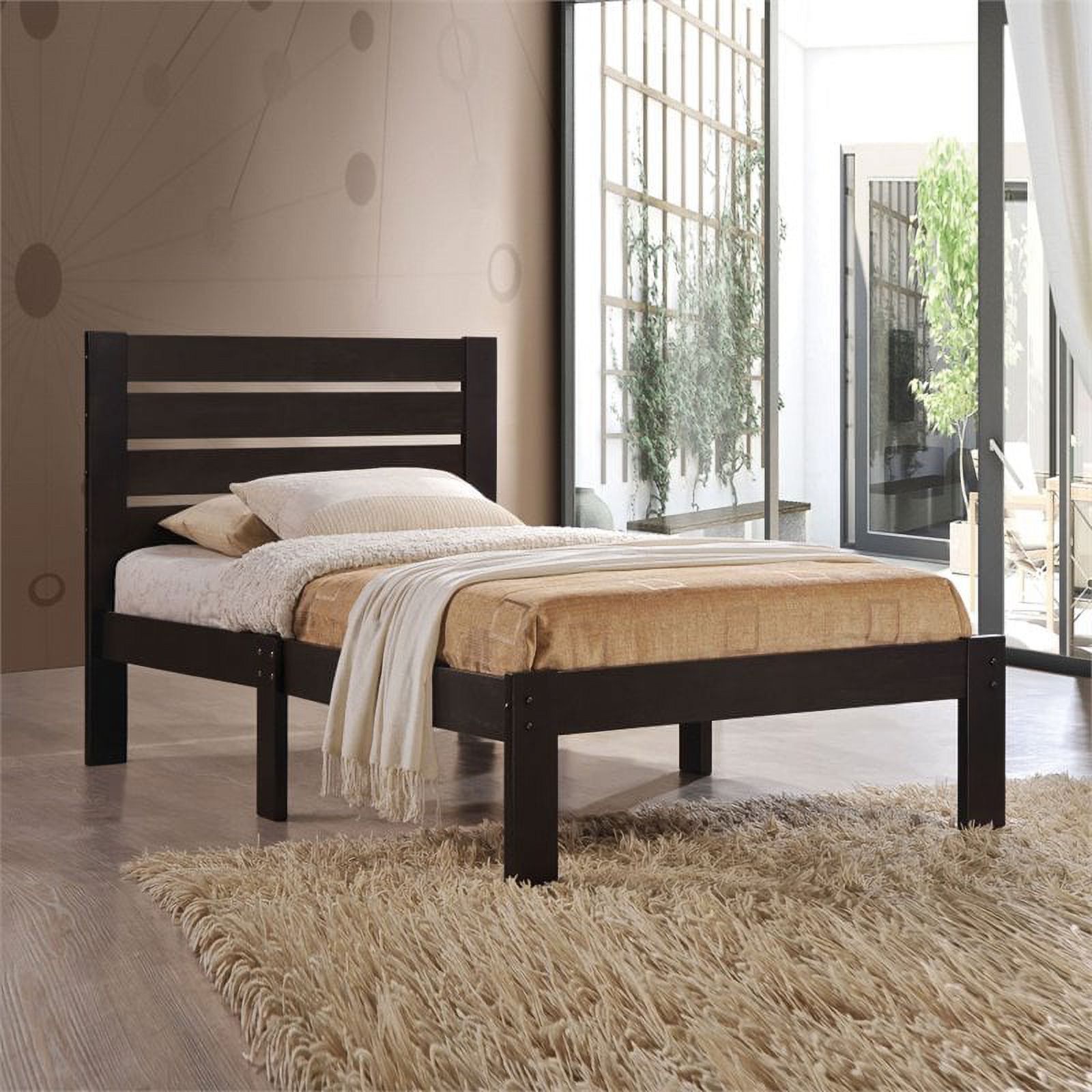 Bowery Hill Casual Look Full Panel Bed in Espresso with Wooden Slatted Headboard