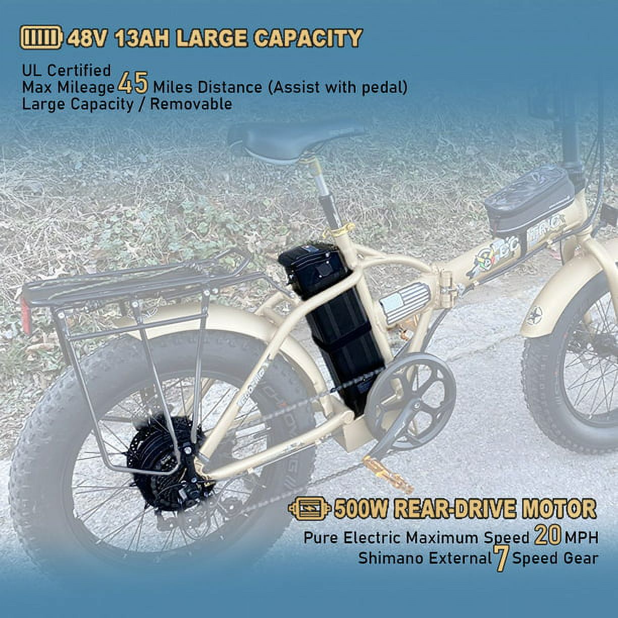 ECOTRIC 20 Inch Fat Tire e-Bike 500W 48V Foldable frame Pedal Assist Commute Bike 7 Speed A-E516646