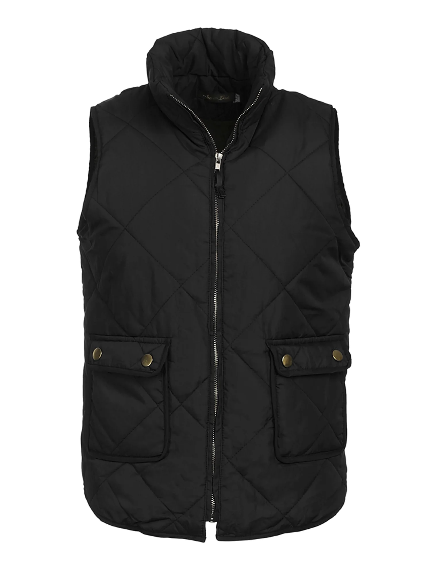 Hirigin Women Stand Collar Warm Padded Zip Closure Side Pockets Gilet Quilted Puffer Vest, Black, XL