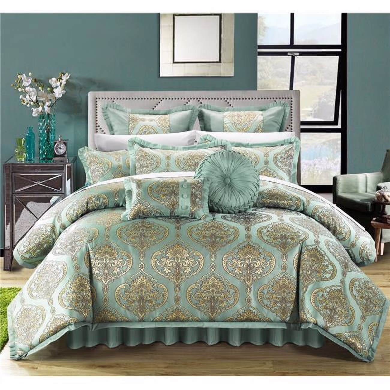 13 Piece Bonito Decorator Upholstery Quality Jacquard Motif Fabric Complete Master Bedroom & Pillows King Bed in a Bag Comforter Set, Blue