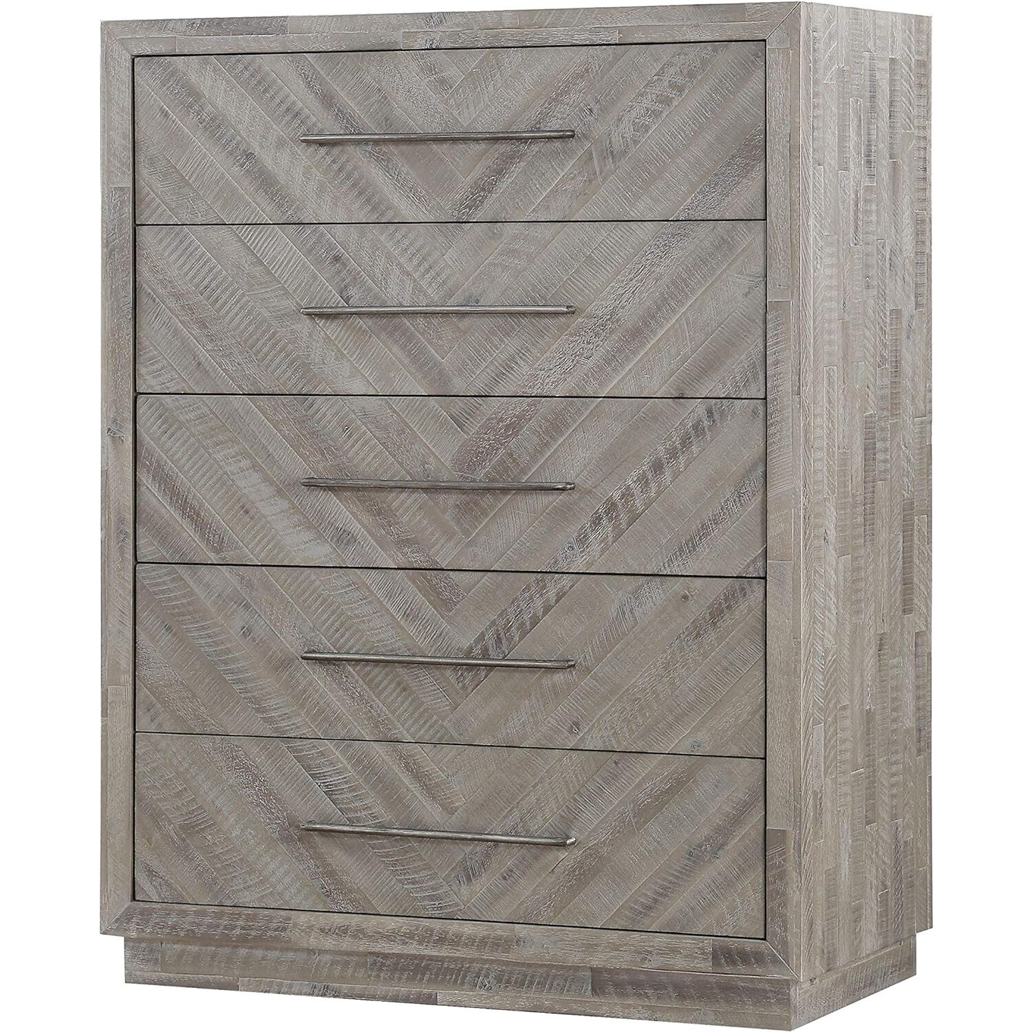 Maykoosh Boldly Bohemian 5 Drawer Chest With Herringbone Pattern And Bar Handles, Weathered Brown