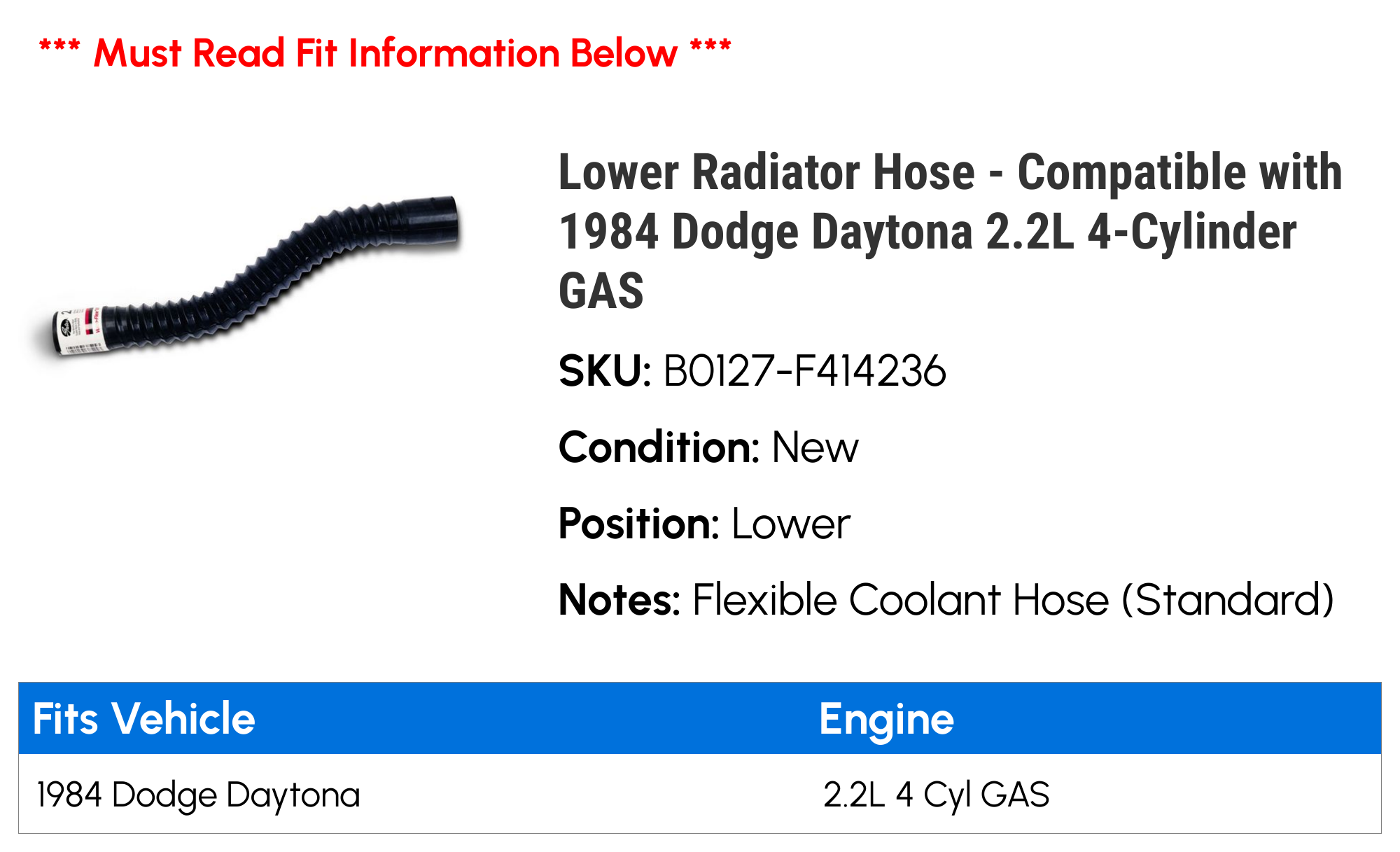 Lower Radiator Hose - Compatible with 1984 Dodge Daytona 2.2L 4-Cylinder GAS